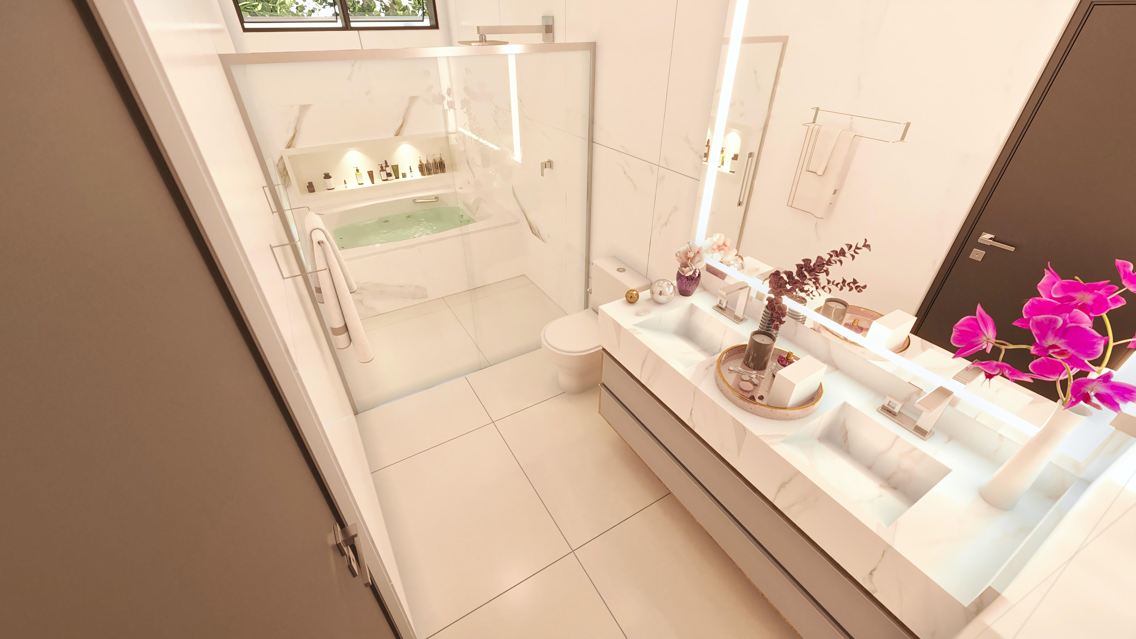 Detalles de un baño de suite principal, con encimera de mármol, dos lavabos esculpidos, espejo amplio con iluminación LED y bañera de hidromasaje con cabina de vidrio.