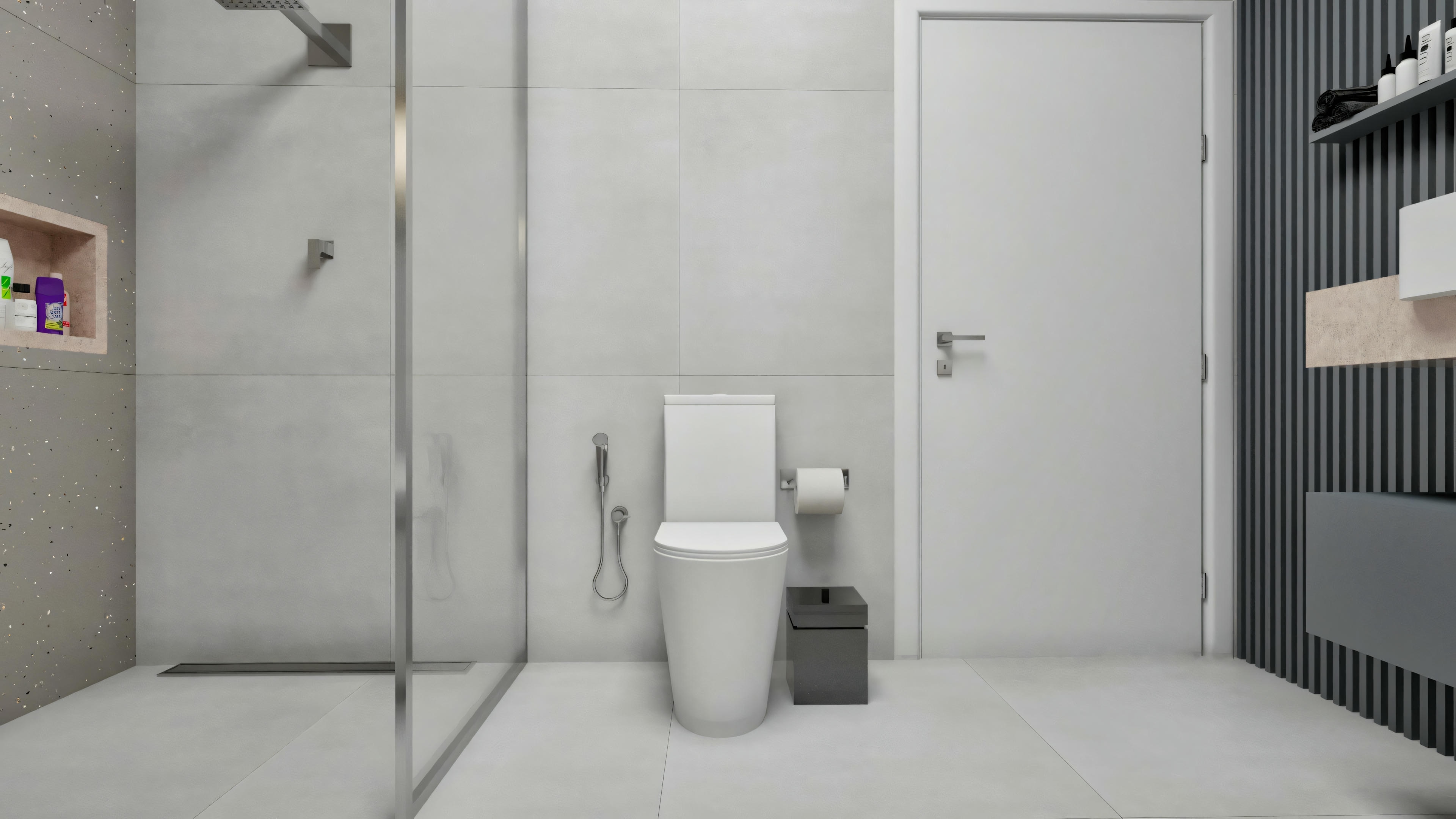 Bathroom with white walls, toilet, and shelves.