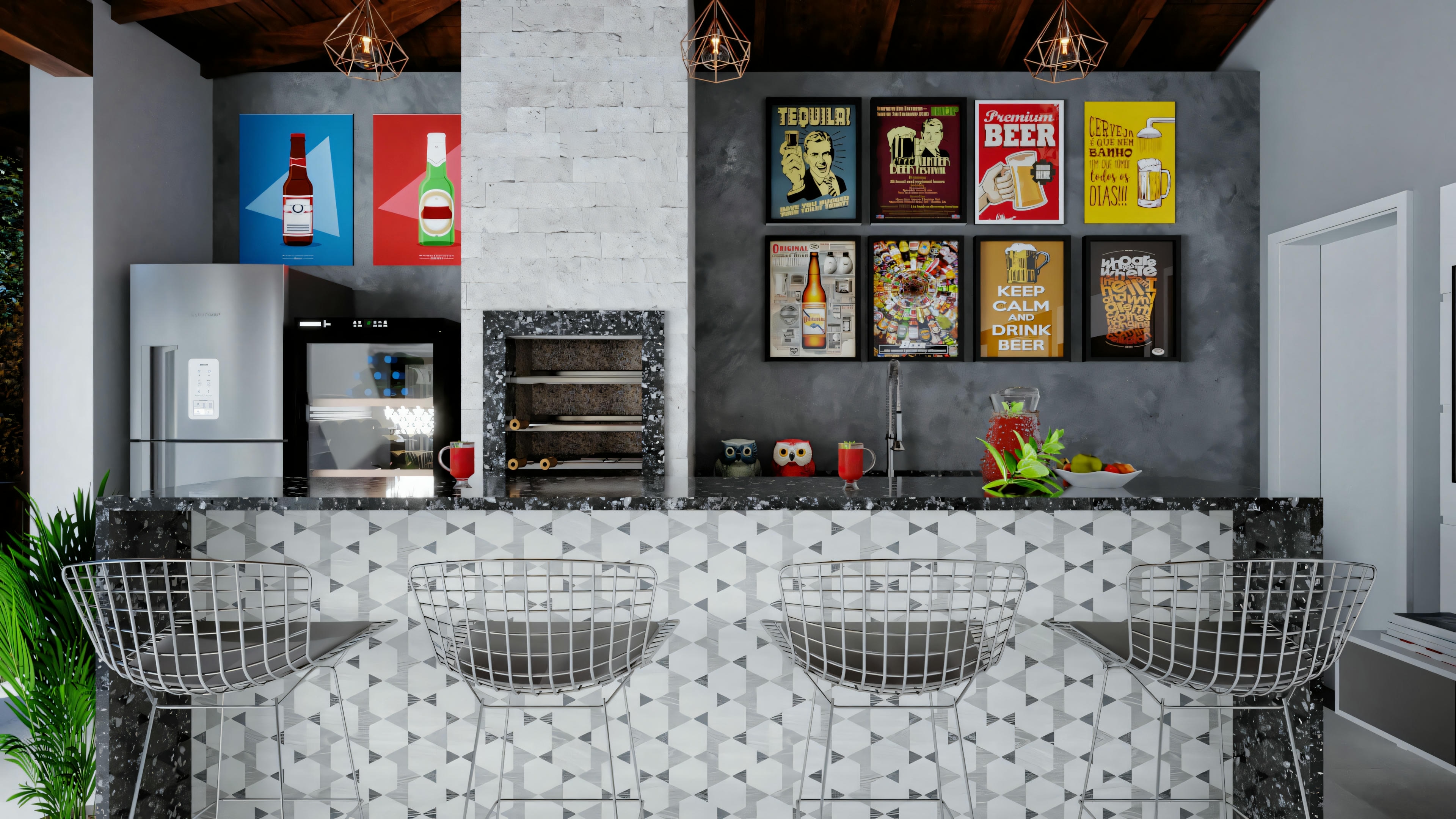 Cocina con barra de desayuno, taburetes modernos y elementos decorativos como arte en la pared y plantas de interior.