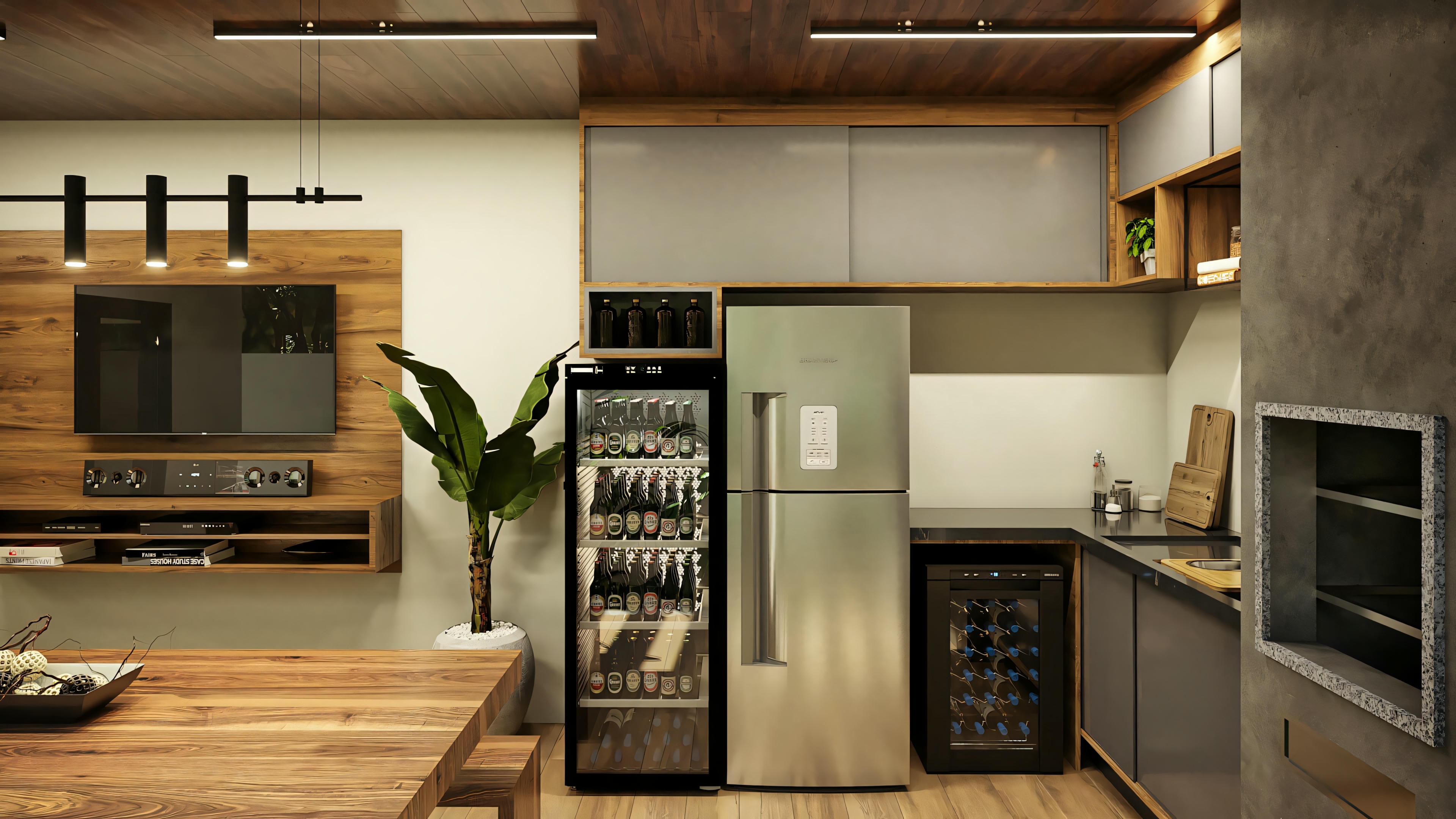 Cocina con tonos claros, electrodomésticos de acero inoxidable, incluyendo una nevera de dos puertas, y amplio espacio de almacenamiento.