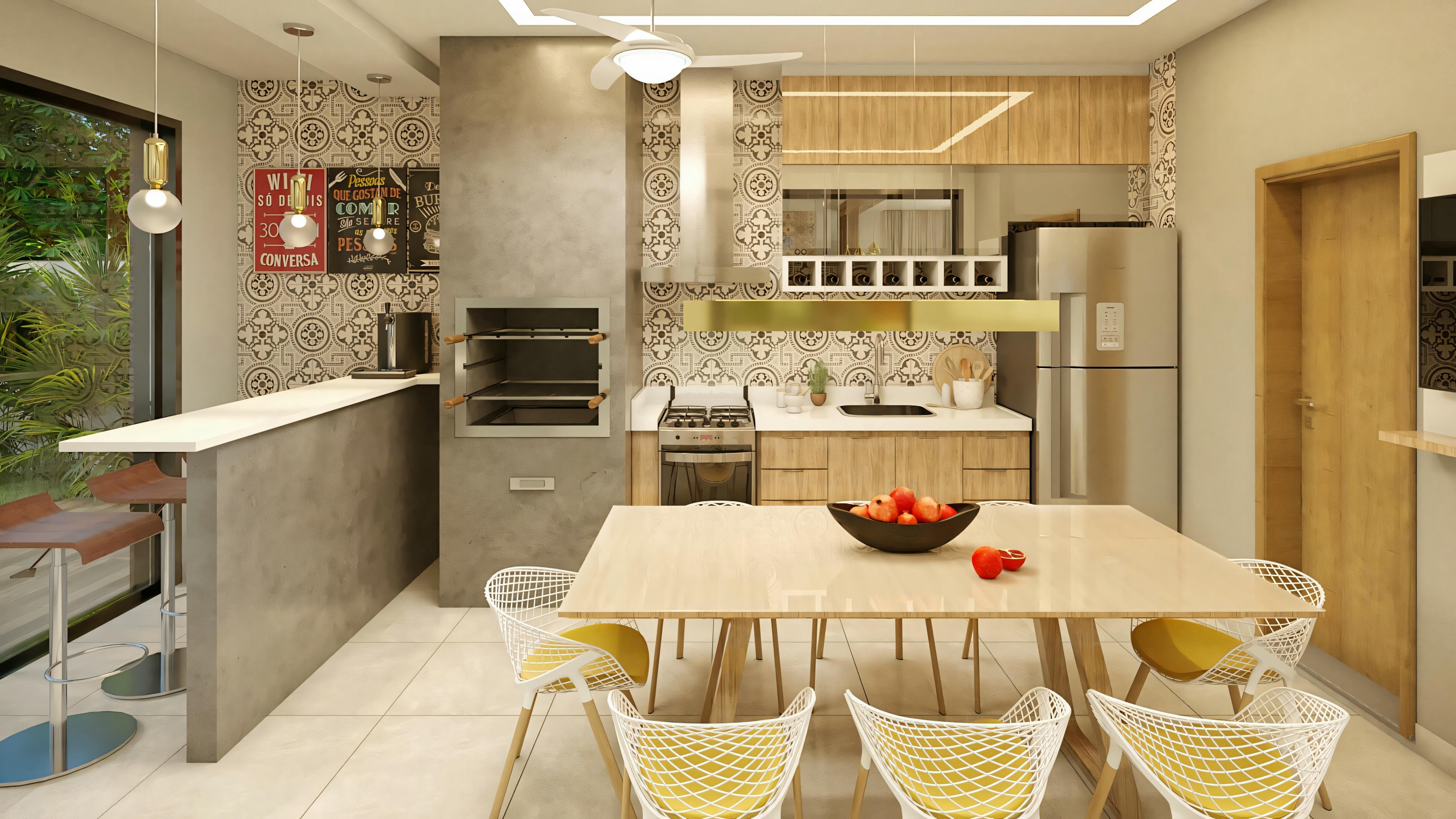 Cocina contemporánea con isla central, fregadero empotrado, iluminación cálida y armarios claros.
