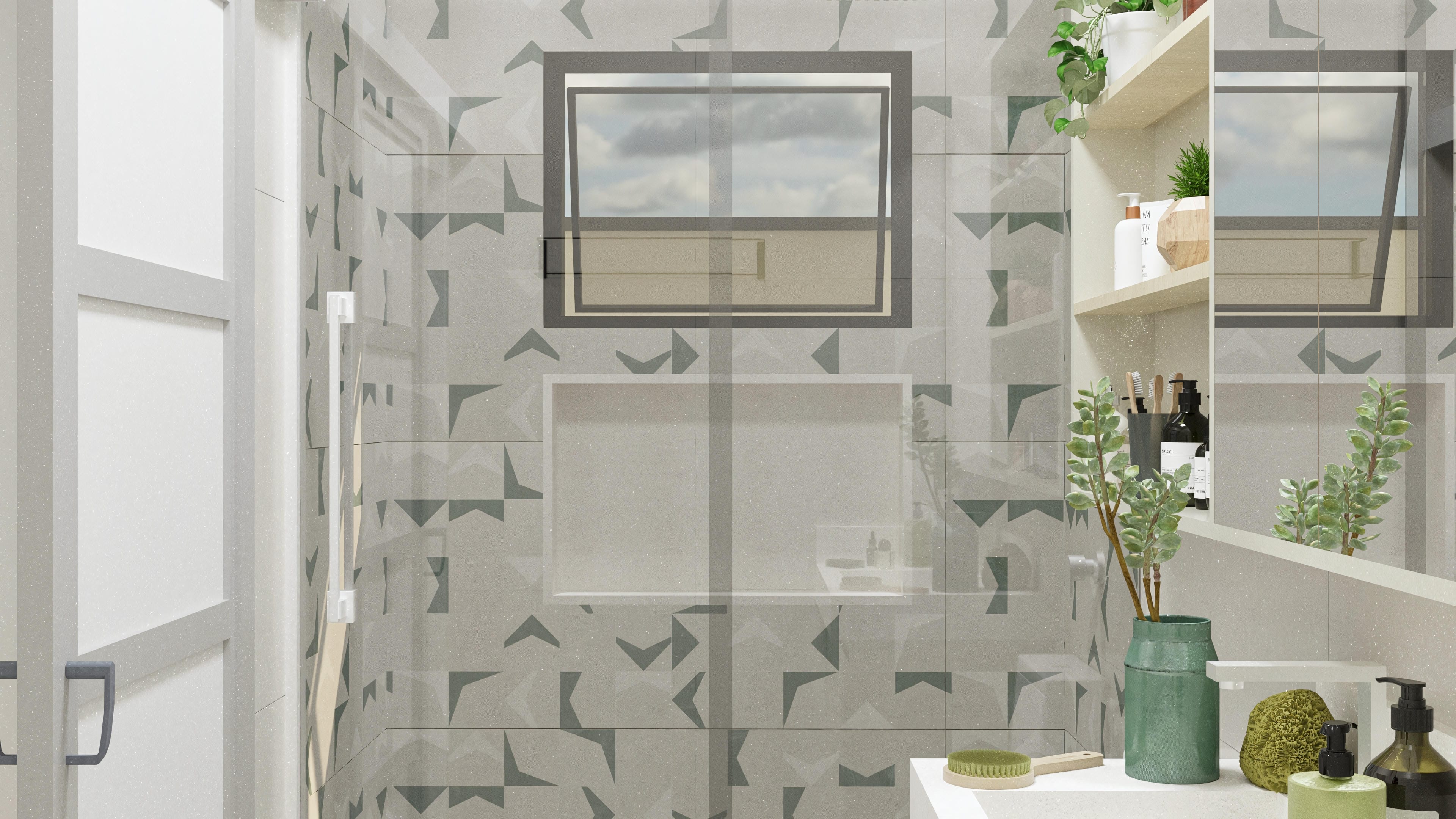 Details of a modern bathroom with wall cladding in neutral tones with a geometric pattern in moss green and a wide window.