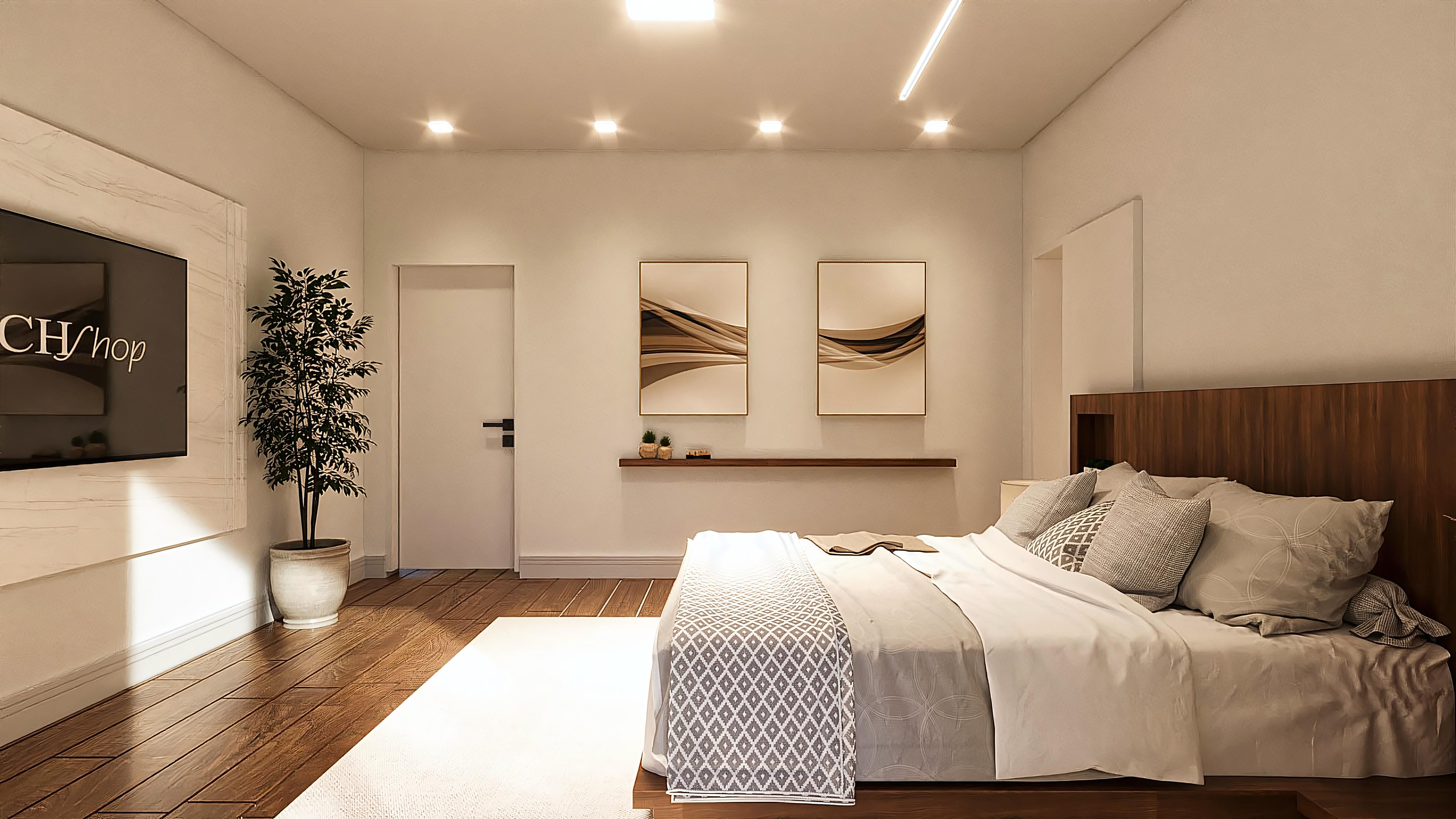 Interior of a neoclassical bedroom with a king-size bed, dark wood headboard, parquet floor, white door, and TV.