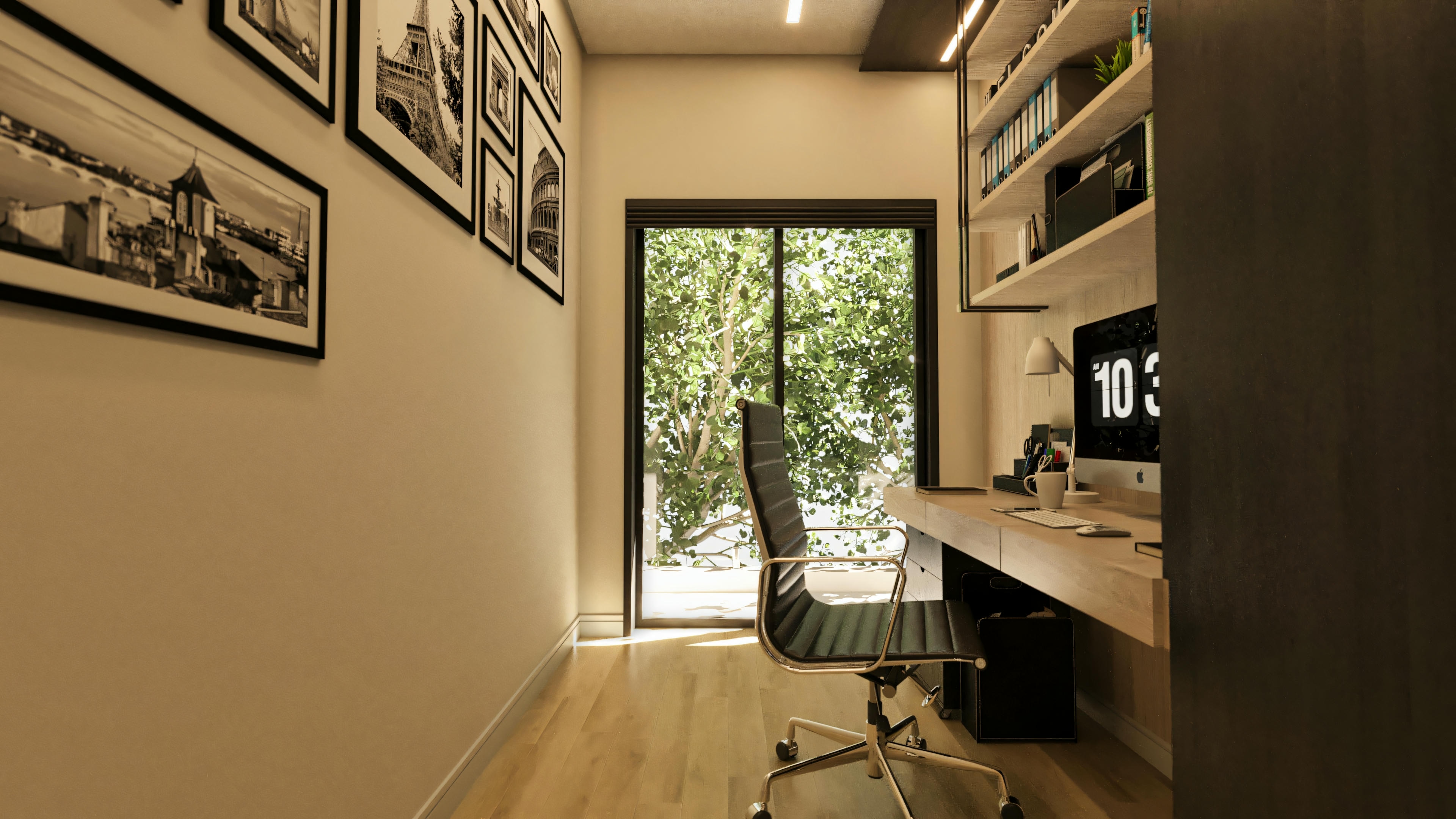 Vista do fundo do escritório em casa de alto padrão com 5 suítes, mostrando a mesa de trabalho à direita, parede de quadros à esquerda e porta de vidro ao fundo.