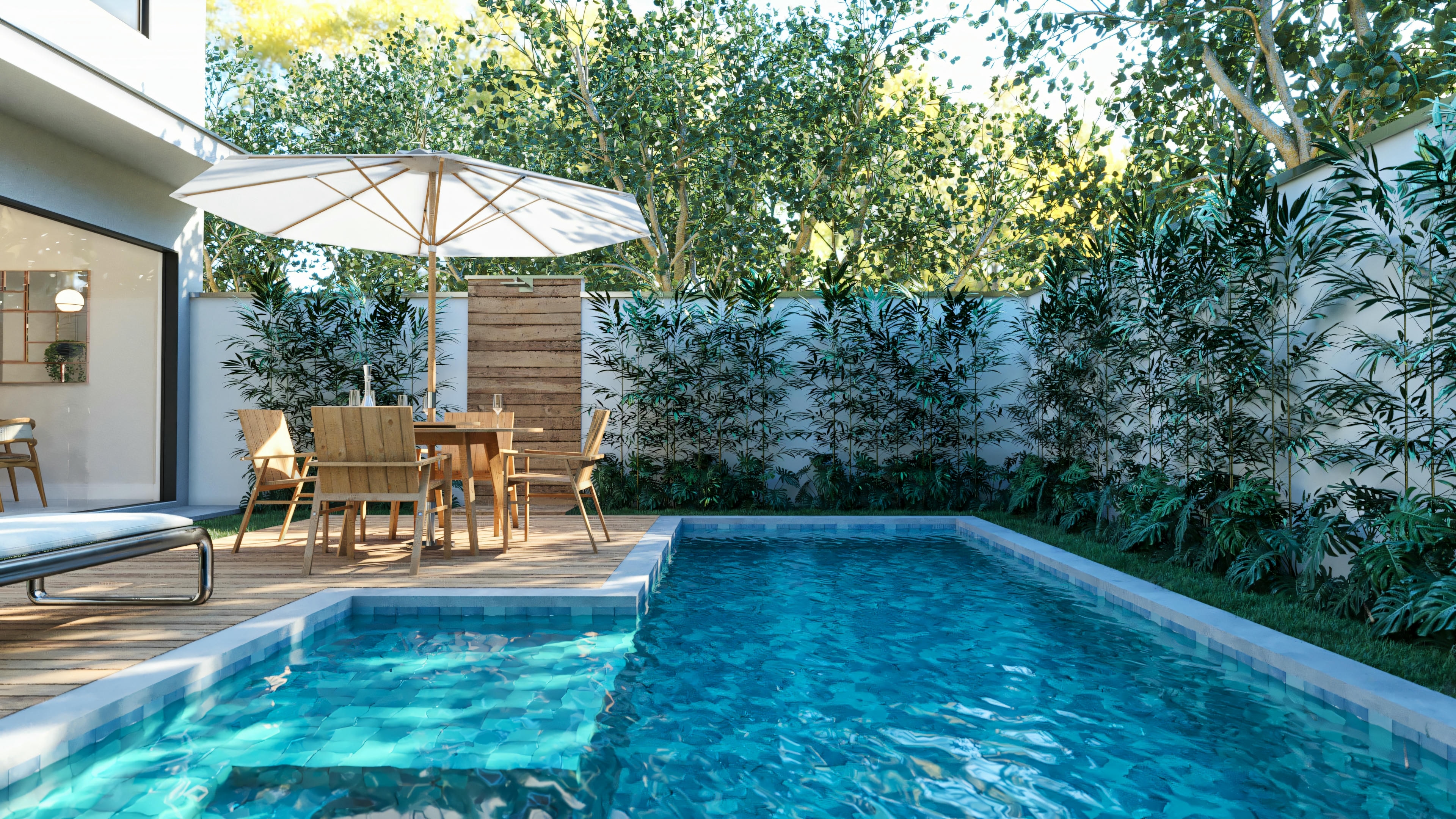 Foto de piscina al fondo de casa.