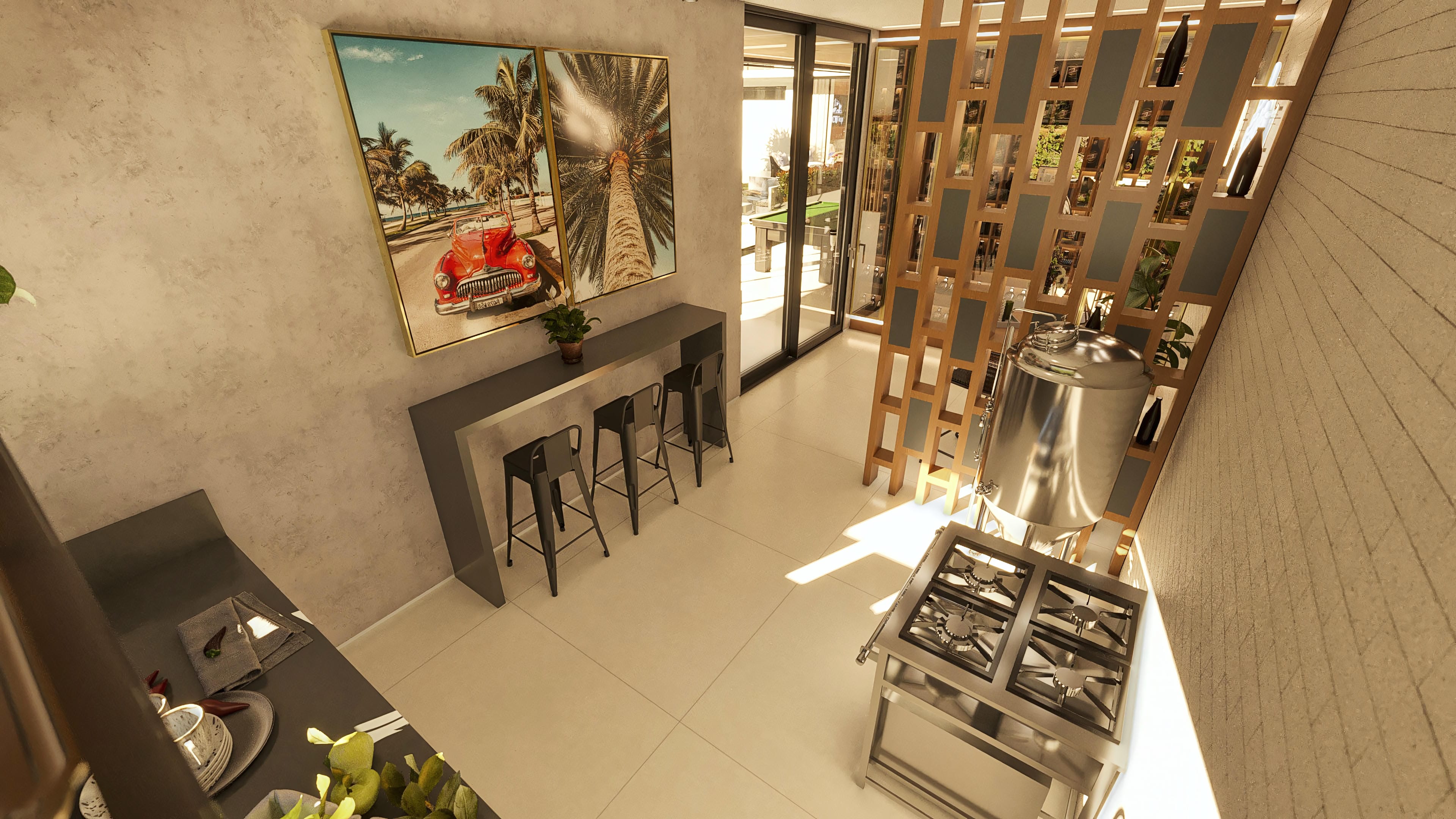 Internal view of a modern kitchen integrated into a dining room and gourmet area, with a high counter, hollow wooden partition, and a view of the outdoor area.