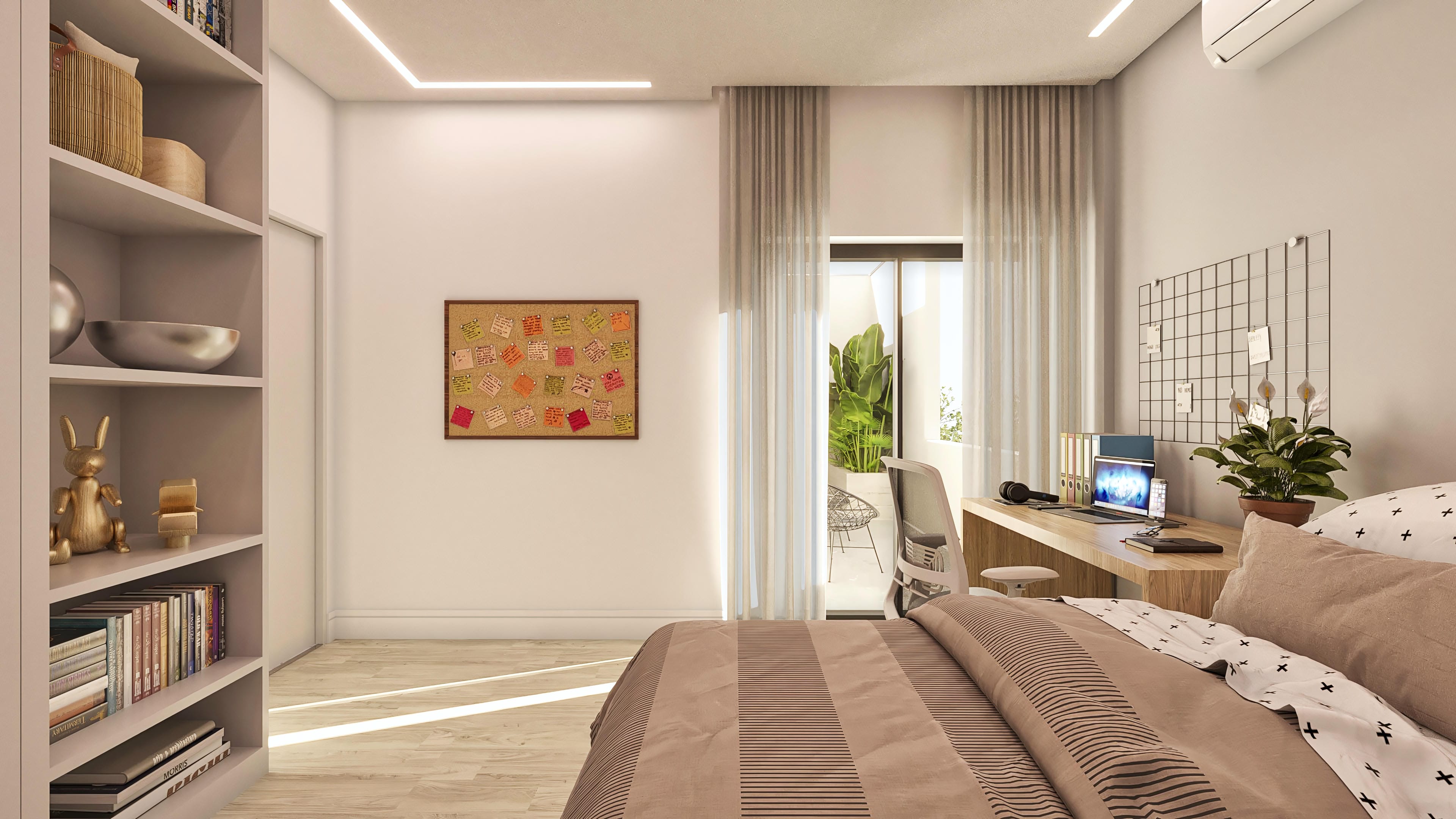 Interior de habitación de casa de dos plantas moderna con cama, oficina, estantería y acceso al área externa con vegetación exuberante.