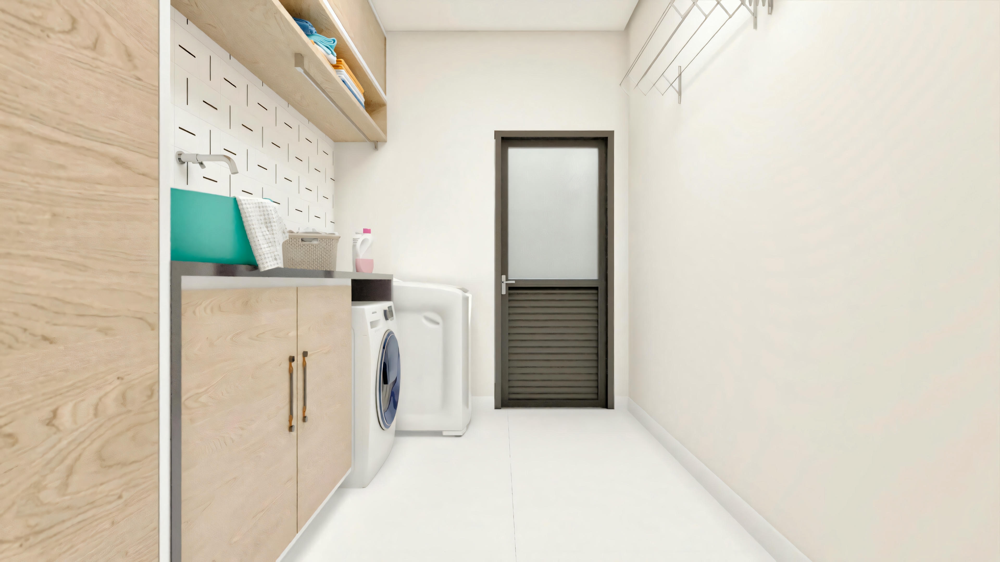 Service area hallway in a ready-made project with 5 suites, with a countertop, cabinets, and washing machine on the left, aluminum and glass door in the background, and a ceiling-mounted clothesline.