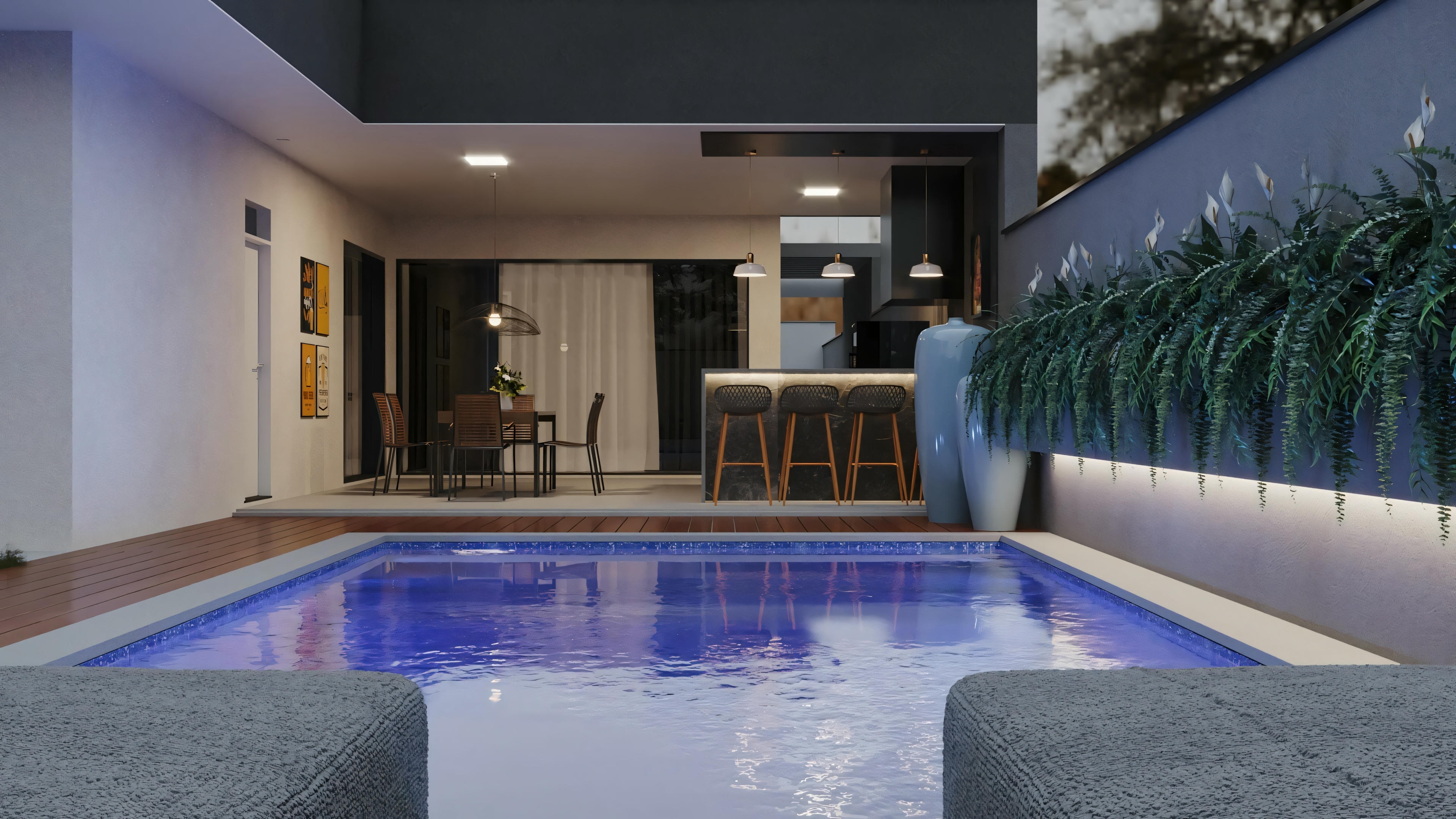 A luxurious bedroom with modern furniture and a view of an outdoor area with a pool, highlighting sophisticated decor.