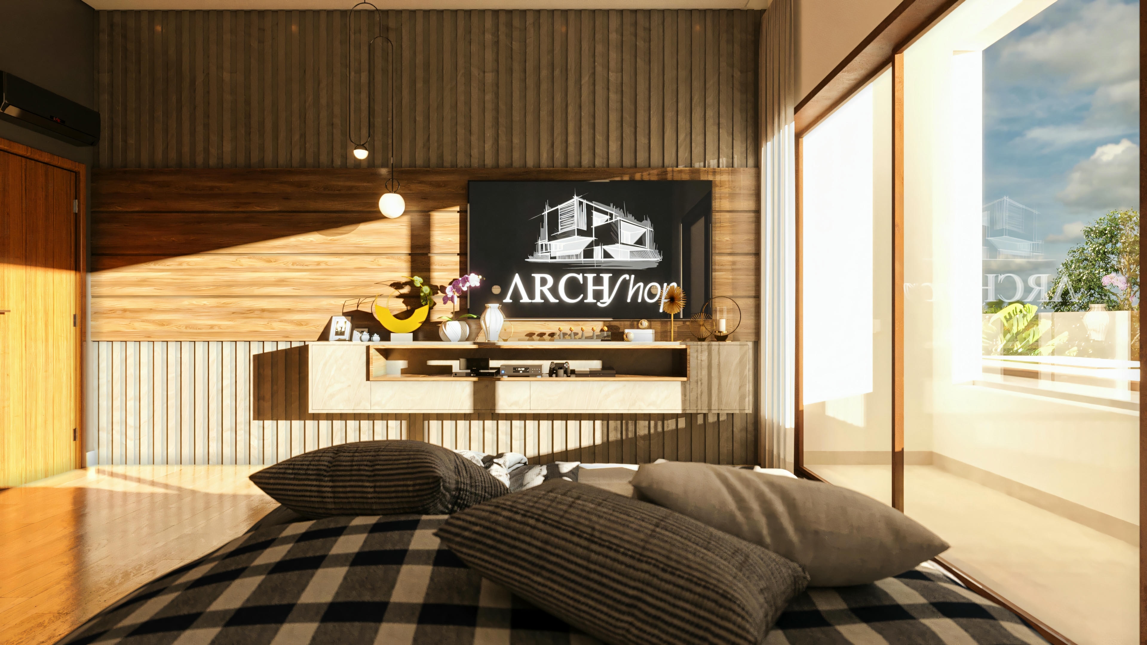 View of the single suite bedroom in a modern house project, focusing on the custom wardrobe with mirrored doors, TV panel, a wooden door leading to the balcony/outdoor area, and recessed ceiling lighting. Part of the 4 suites of the 555.9m² house with a pool and gourmet area.