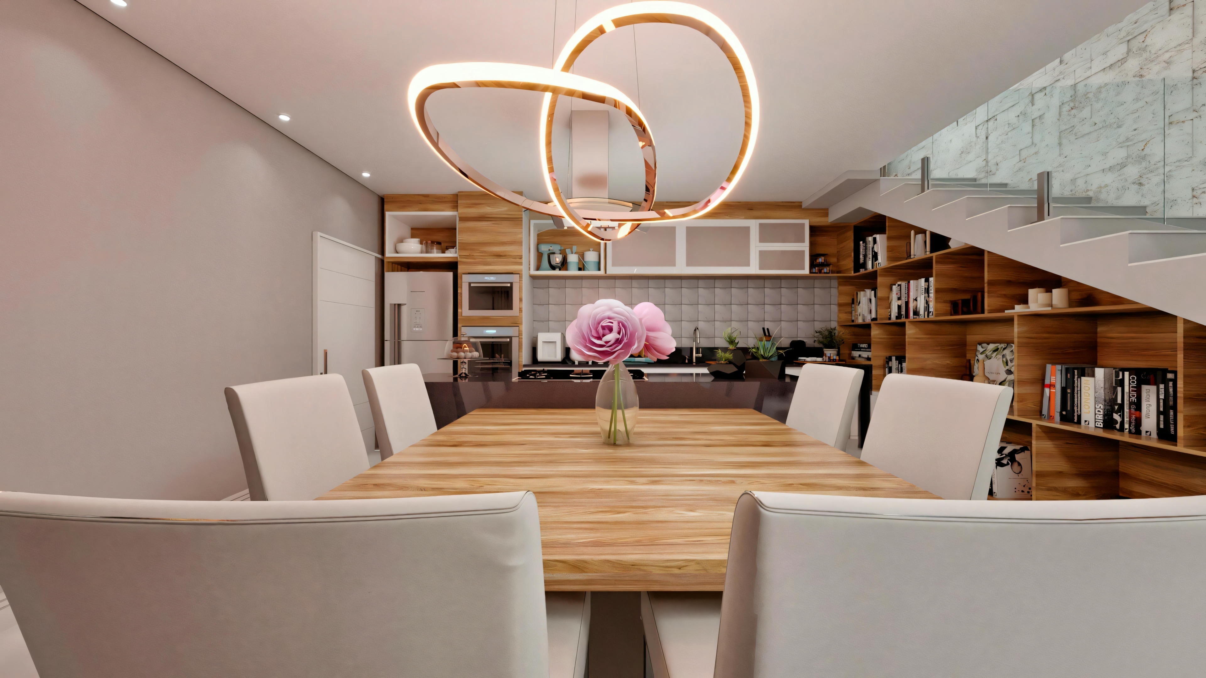 A modern dining area with a wooden table, white chairs, and an artistic light fixture.