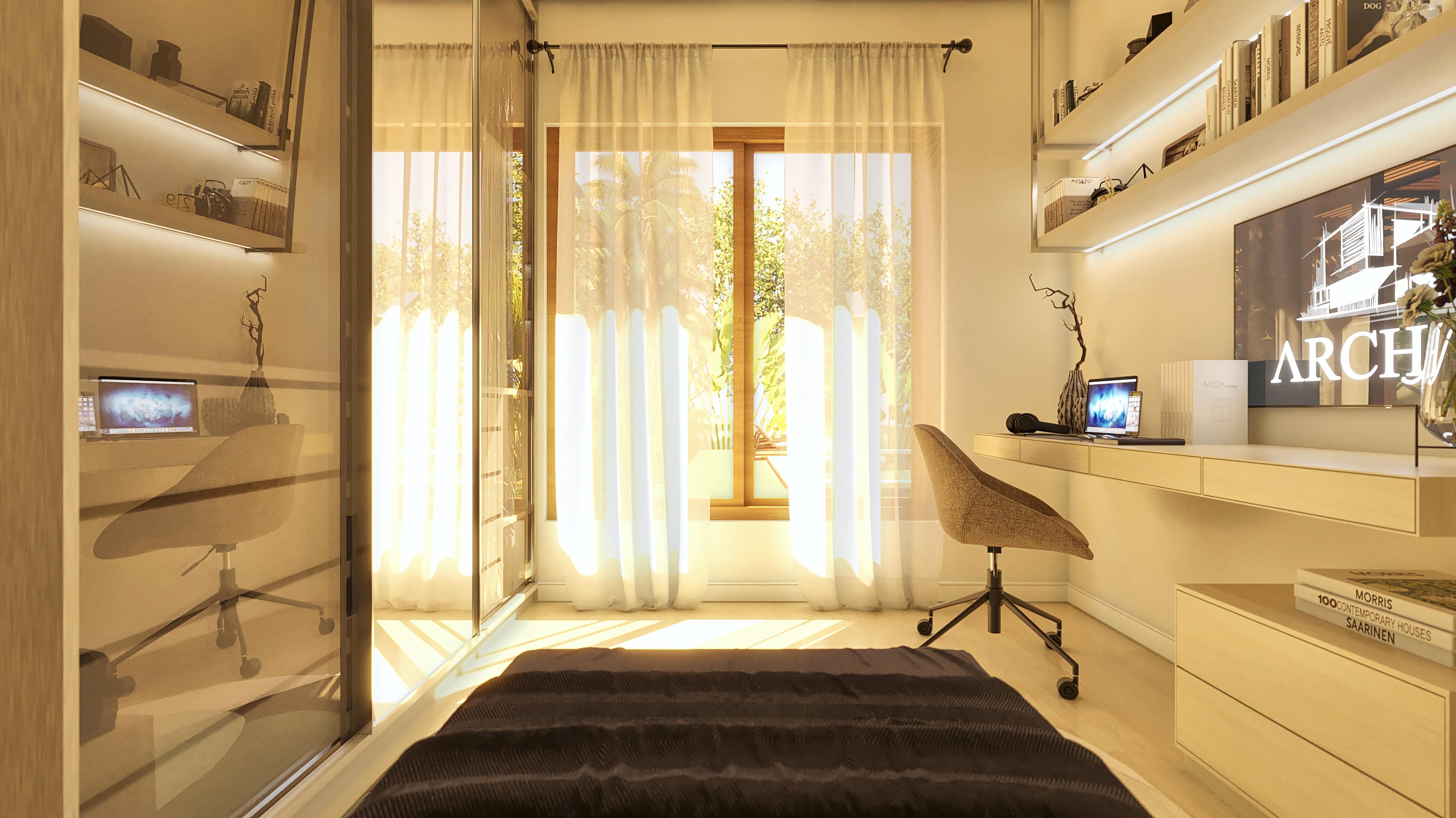 Interior of a modern office with a large mirrored closet, suspended desk, and swivel chair.