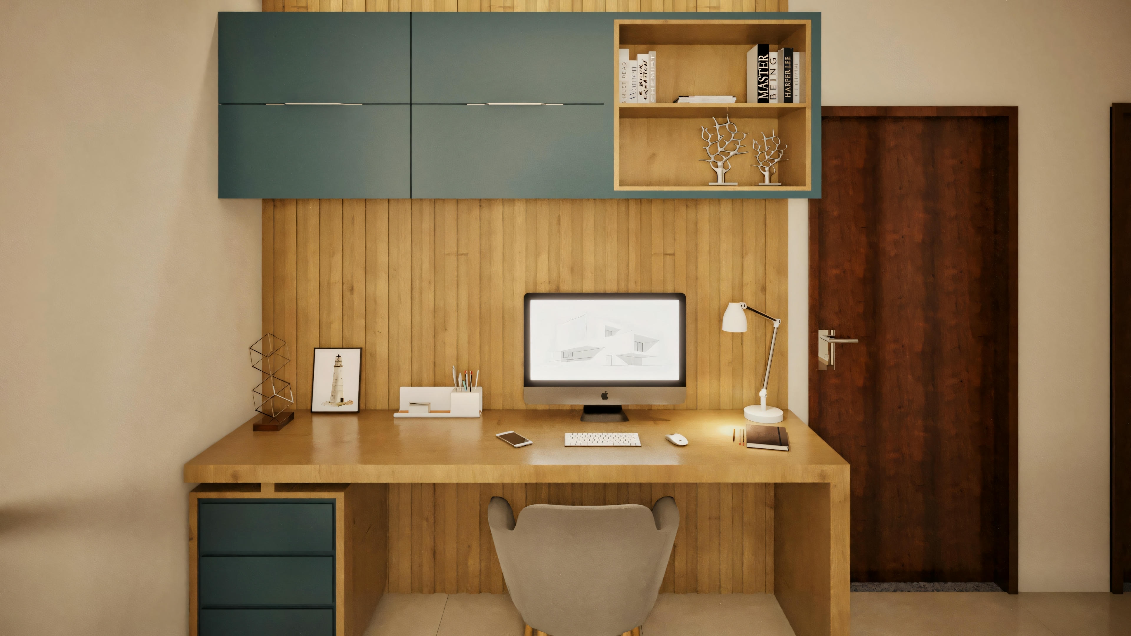 Modern workspace with a wooden desk, computer monitor, and shelves with books.