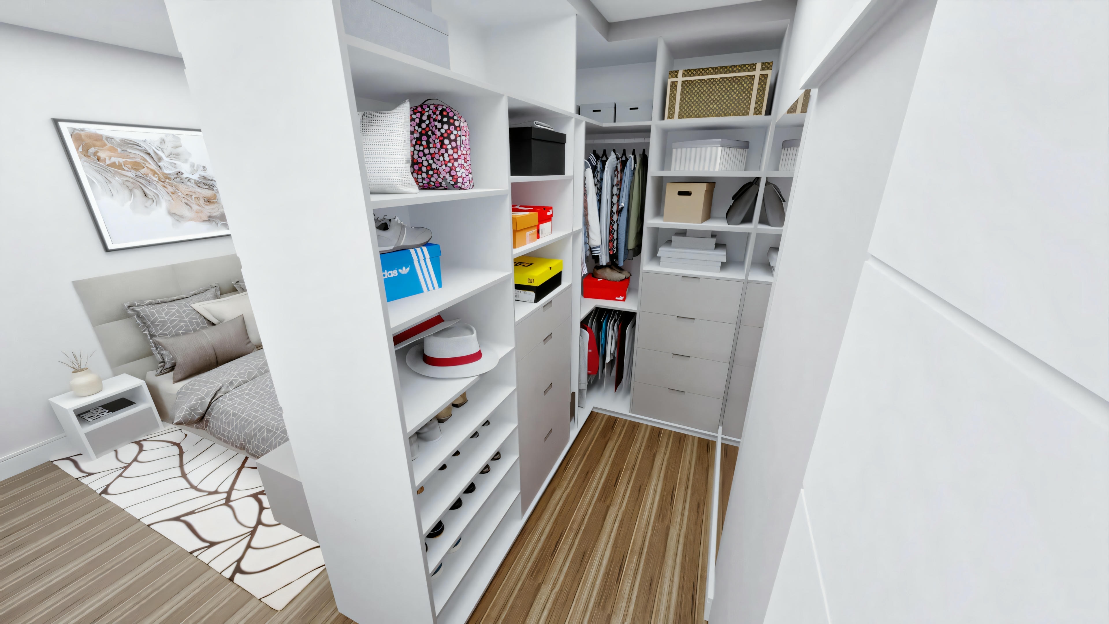 An open wardrobe full of items such as clothes, boxes, and cleaning products.