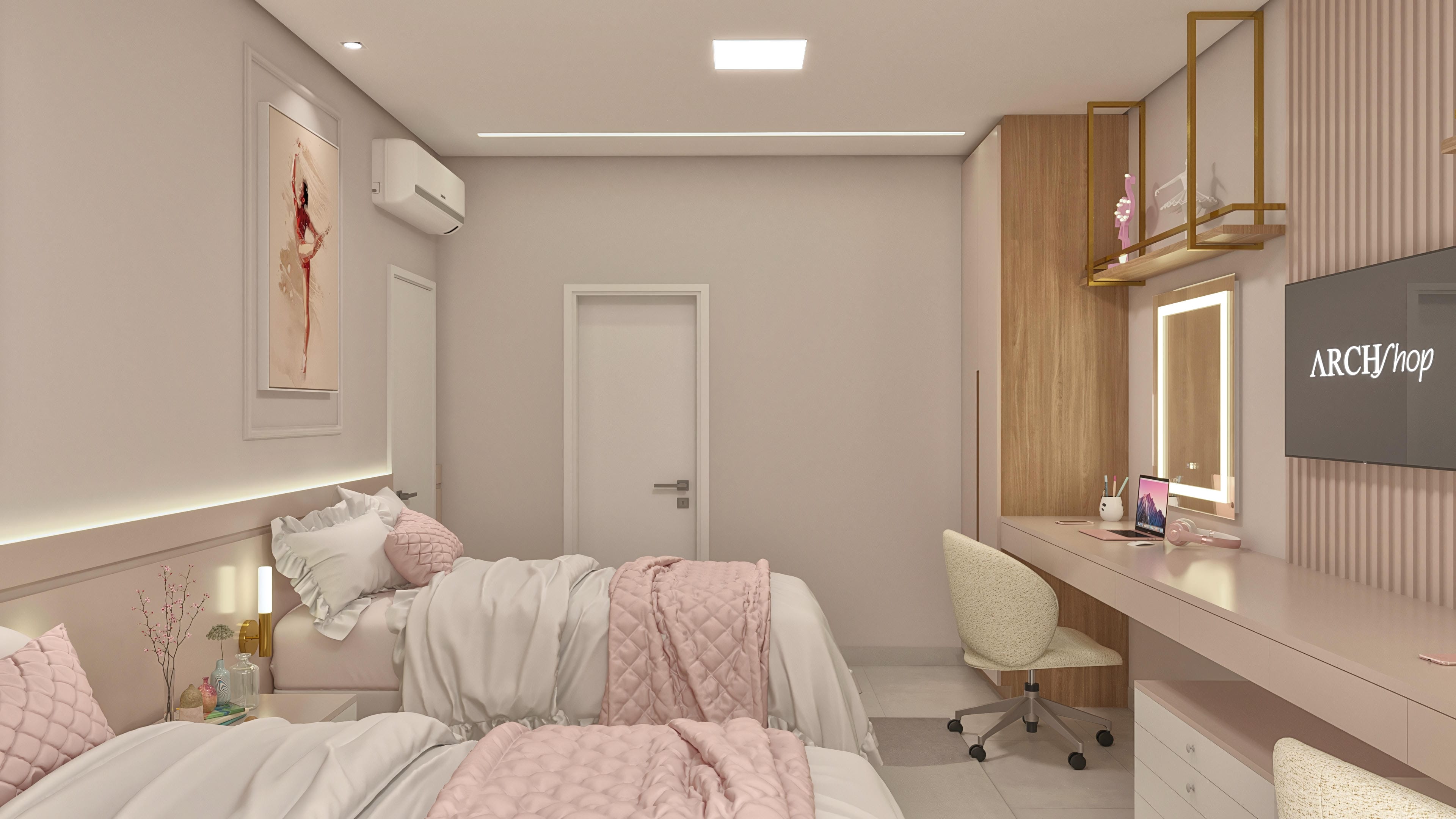 Ambiente de quarto com duas camas, escritório integrado com espelho iluminado, TV e elementos decorativos em tons pastel.