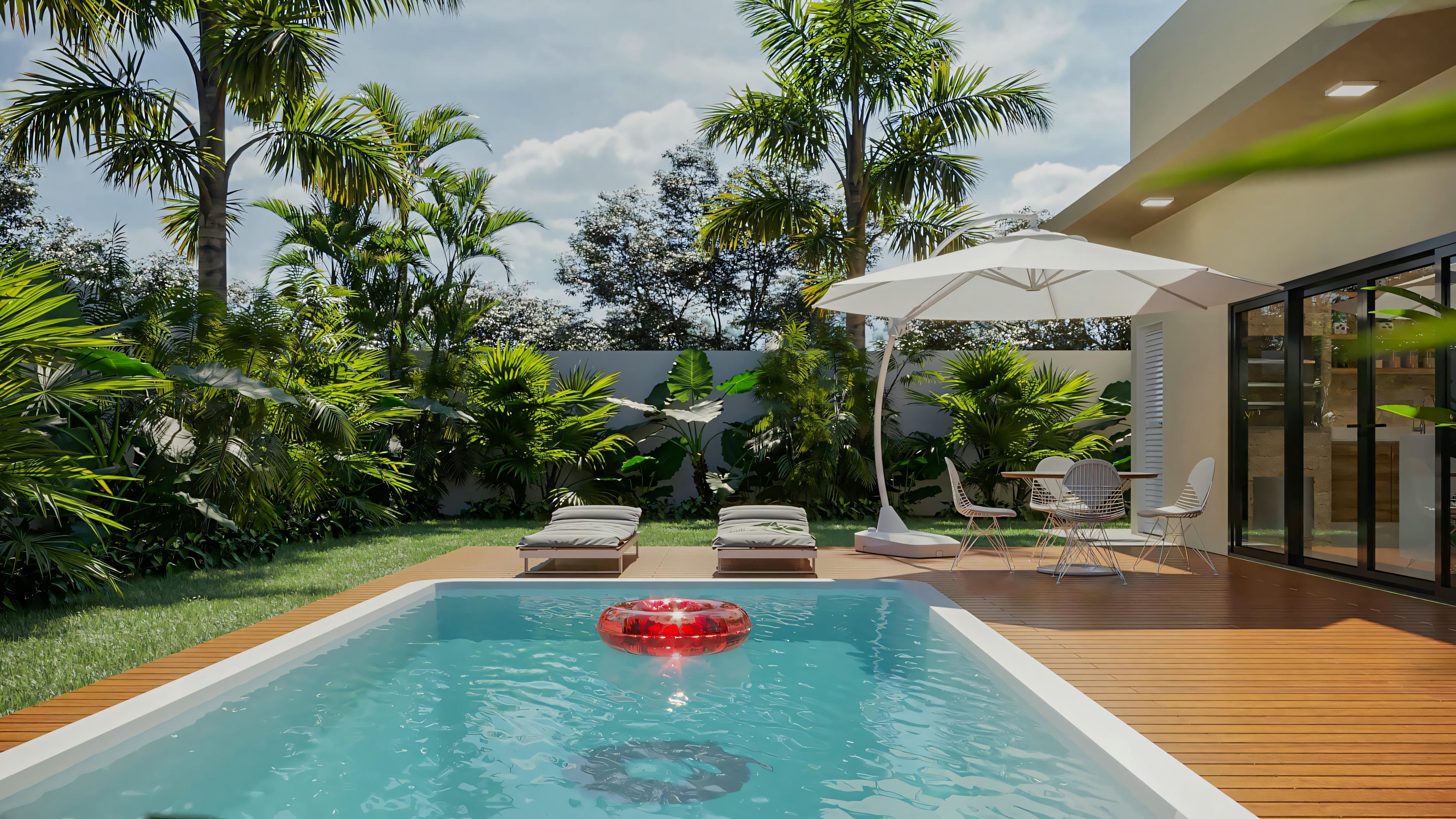 Pool with wooden deck and garden area with lounge chairs, part of a ready-made single-story house project with 2 suites and 170.8sqm.