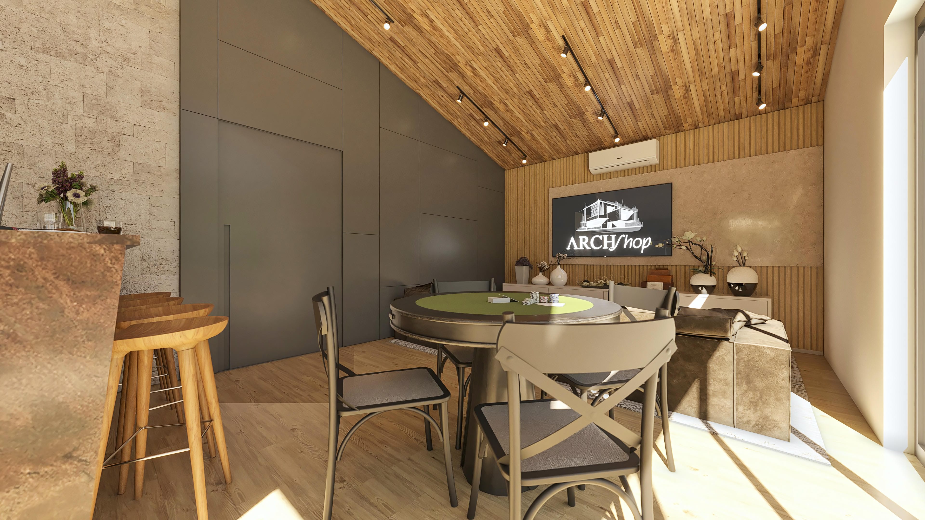 Interior moderno com mesa de pôquer, bar com banquetas de madeira e teto em madeira aparente, integrando área gourmet.