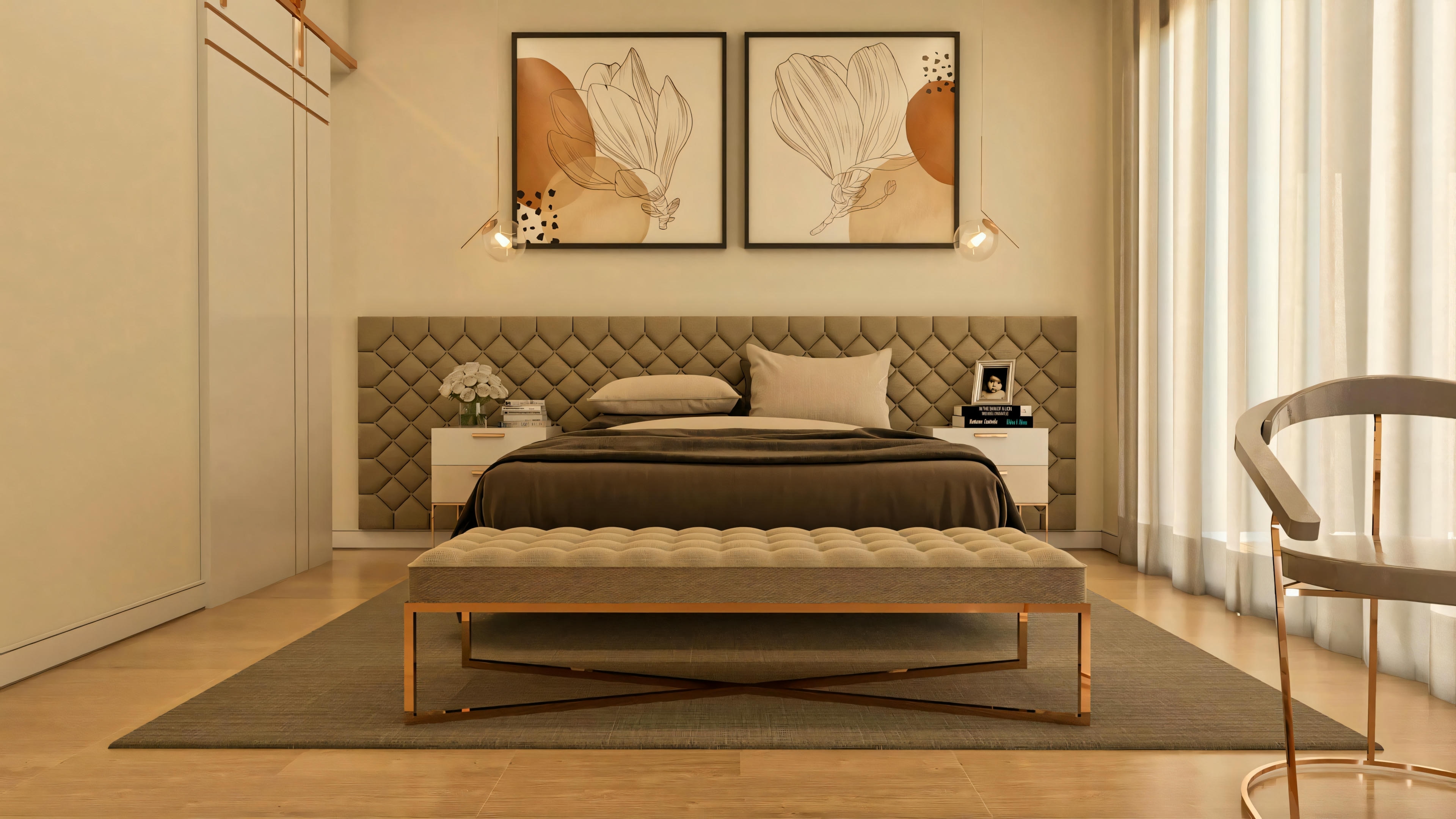 Suíte master em casa de luxo com cama de casal, cabeceira estofada em capitonê, recamier e decoração sofisticada.