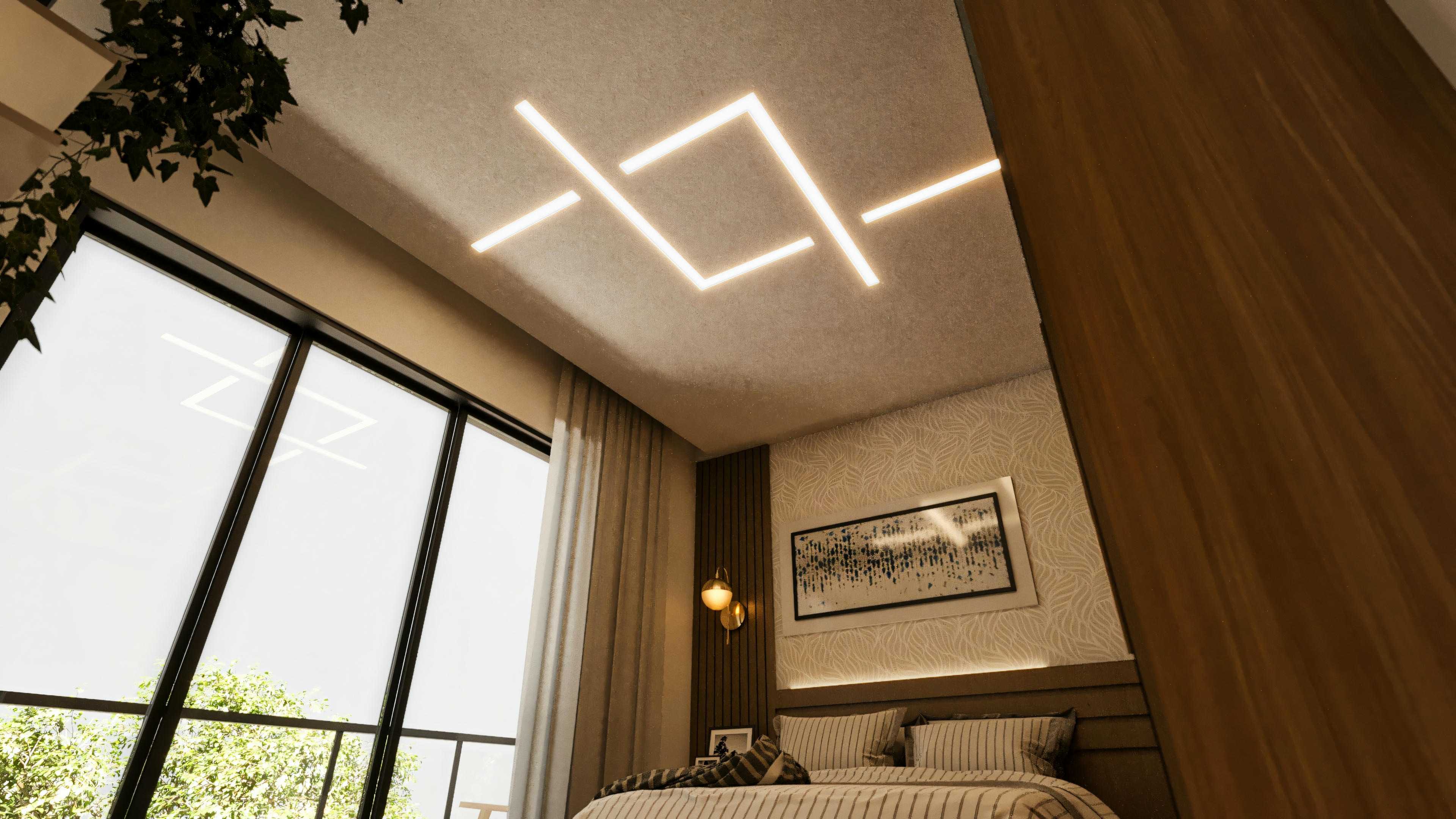 Vista en contrapiso del techo de una habitación suite con diseño de iluminación LED geométrica, amplia ventana con vista al exterior, parte de la cama, cabecero con papel tapiz y arandela.