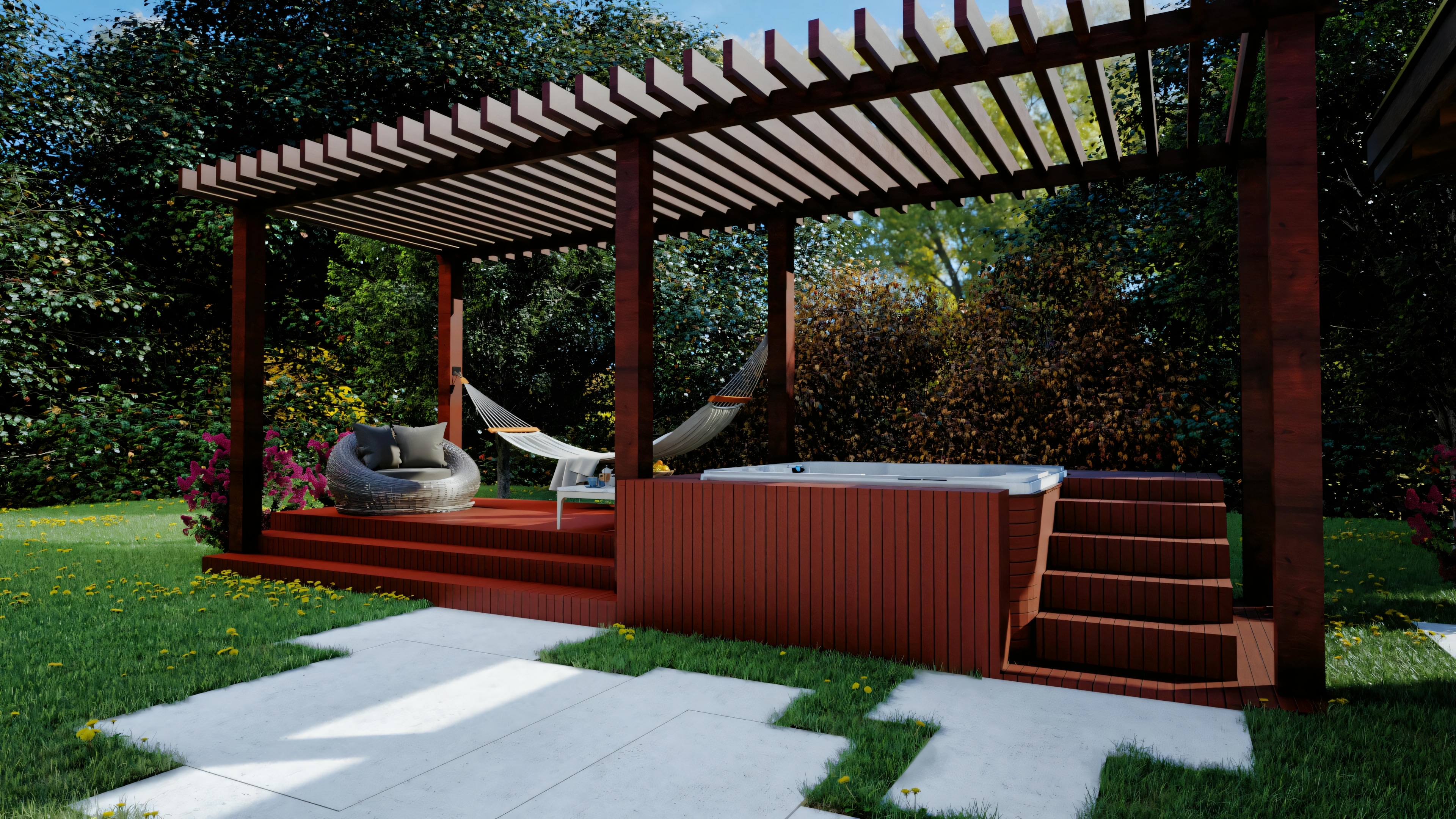 Área externa com banco sob uma estrutura de pérgola ao lado de um edifício residencial.