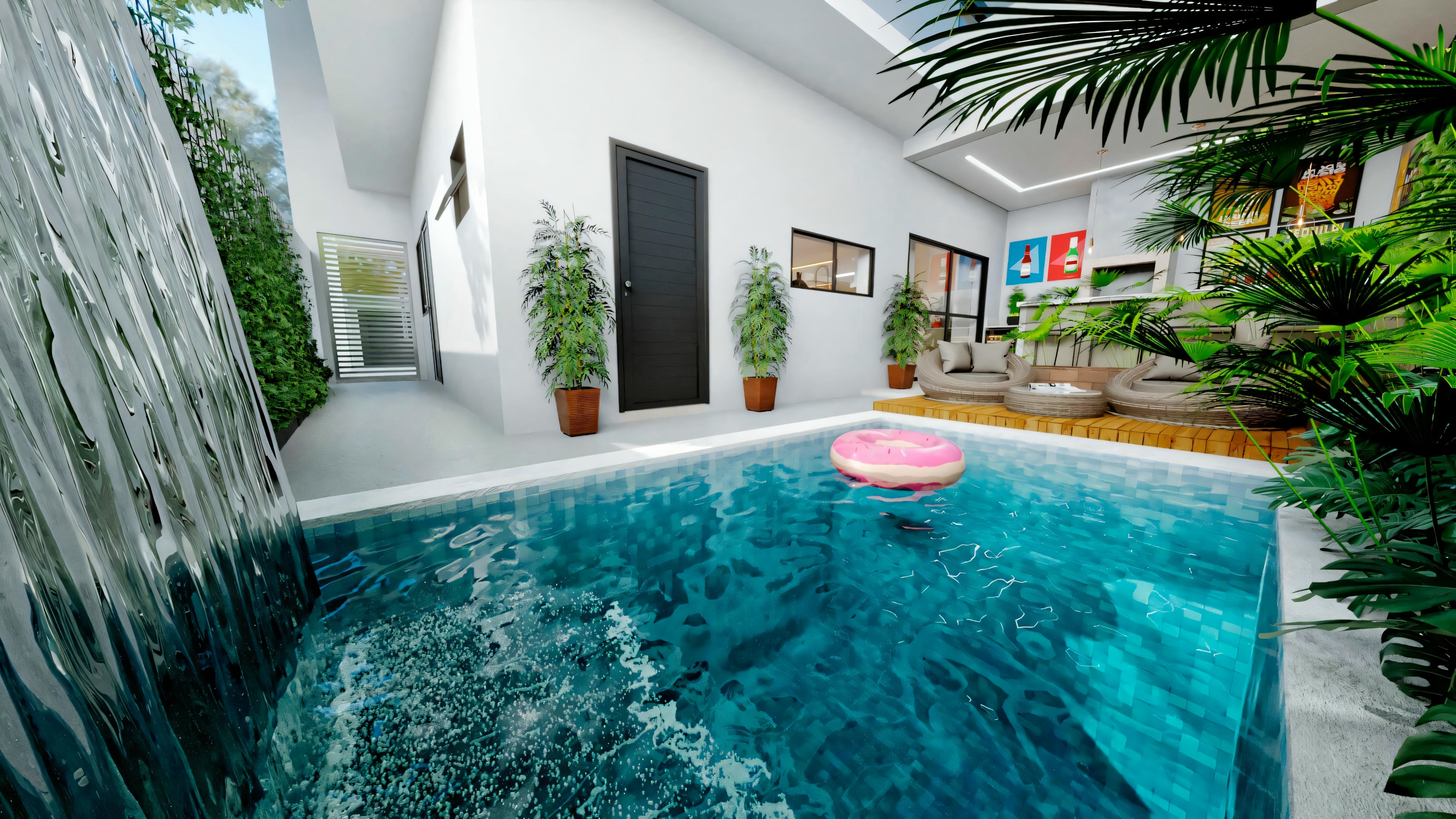 Un área de piscina cubierta con paredes y techo, una gran ventana o puerta de vidrio que da al exterior, y vegetación a lo largo de la pared opuesta a la ventana. Hay un anillo inflable rosa flotando en el centro de la piscina.