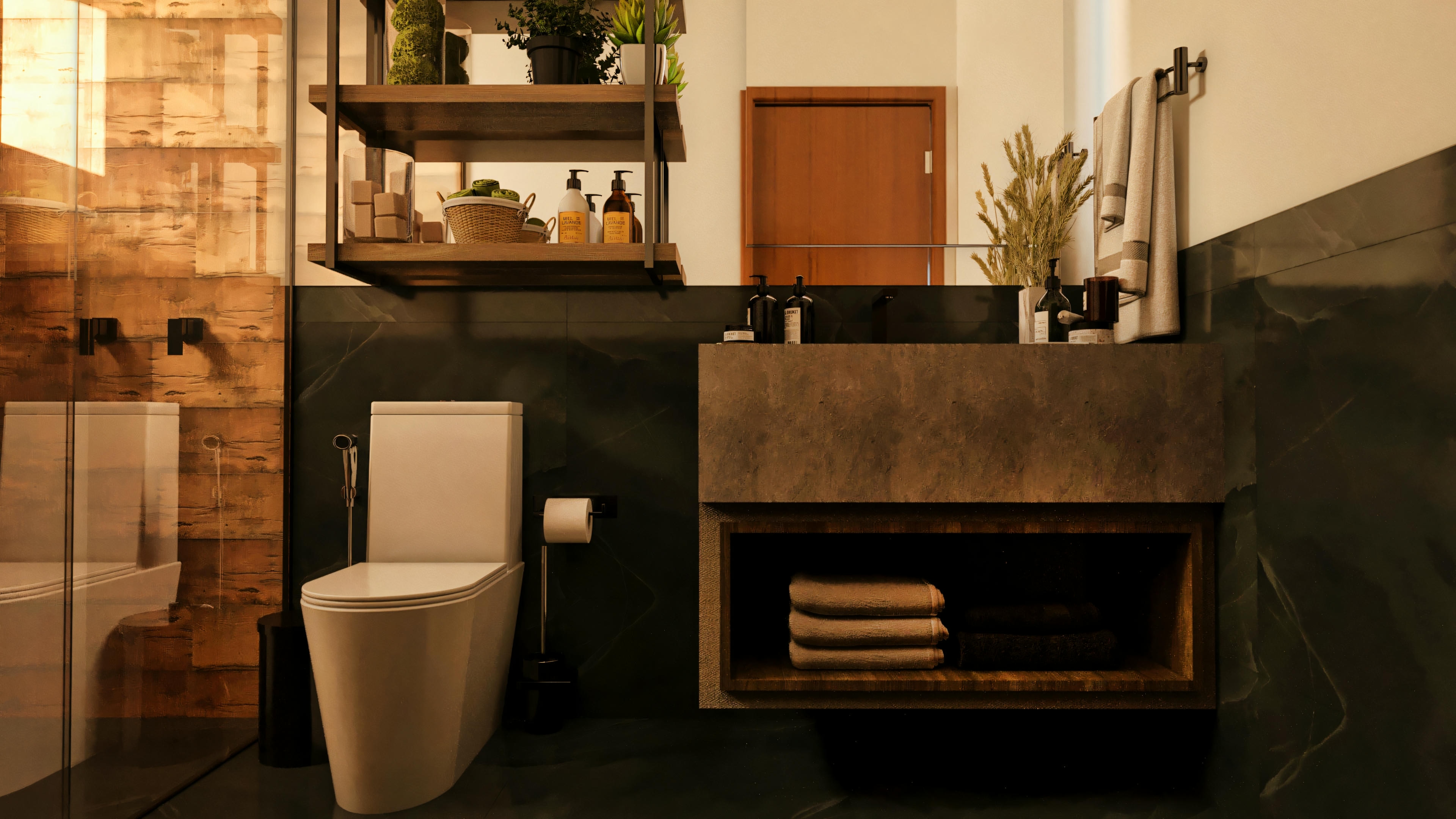 Banheiro de uma suíte em casa de luxo, apresentando revestimento em pedra escura, bancada em cimento queimado com nicho inferior em madeira para toalhas, vaso sanitário moderno e prateleiras decorativas em metal e madeira.