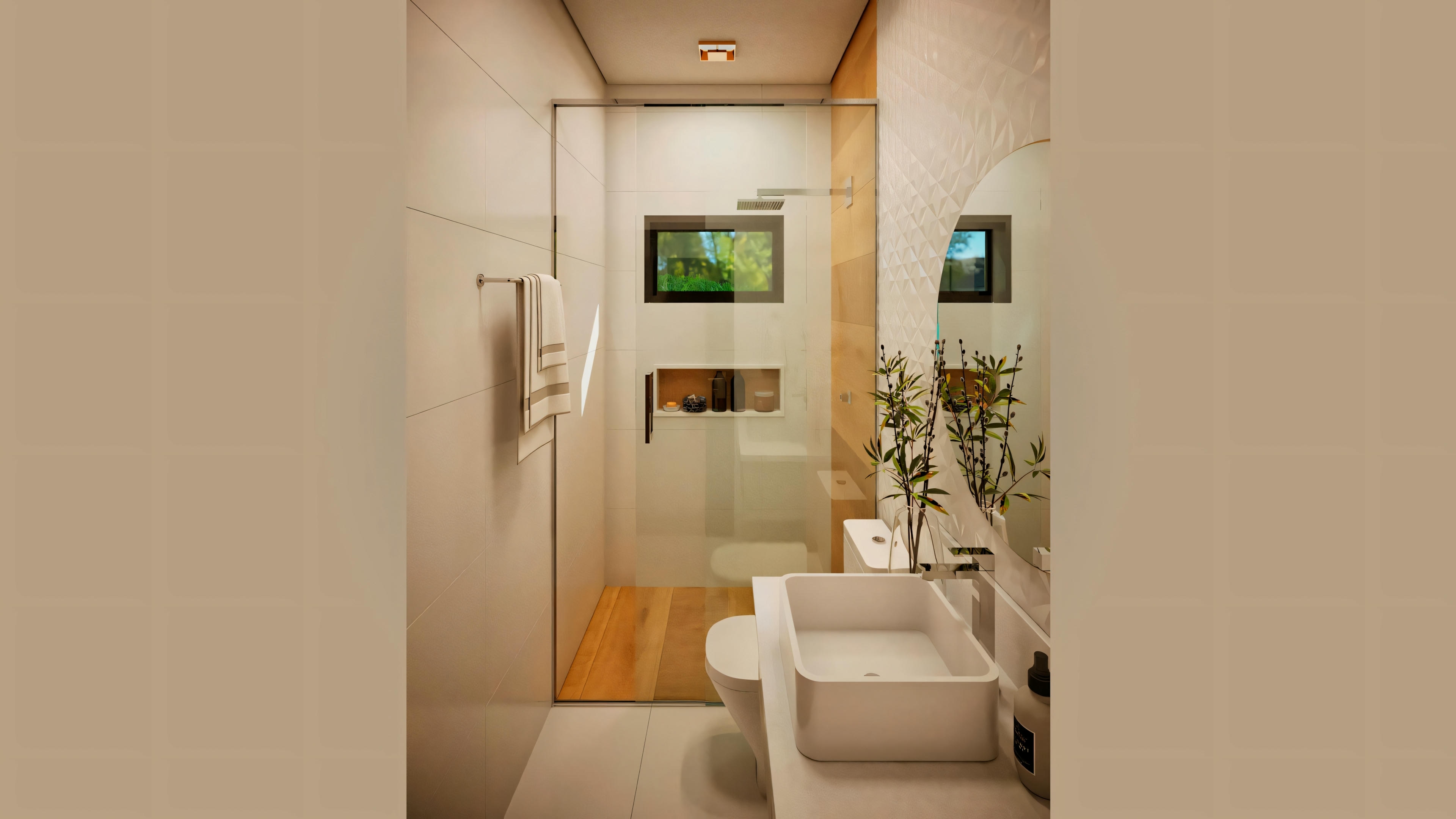 Un baño moderno con azulejos estampados en las paredes, un inodoro y una bañera con grifería visible.