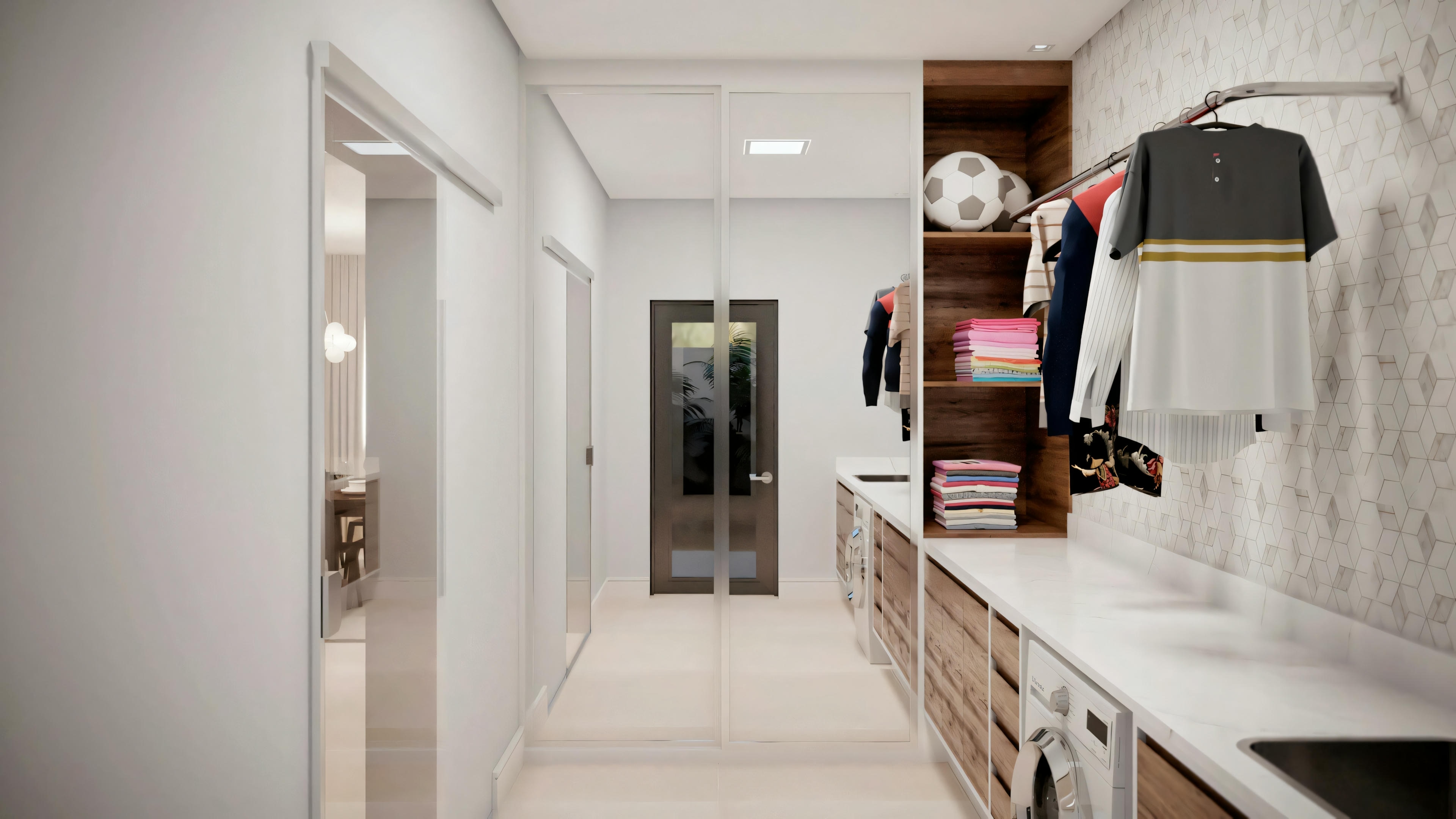 Otra perspectiva del mismo baño moderno, centrándose en la zona del lavabo con espejo y espacios de almacenamiento visibles en el reflejo.