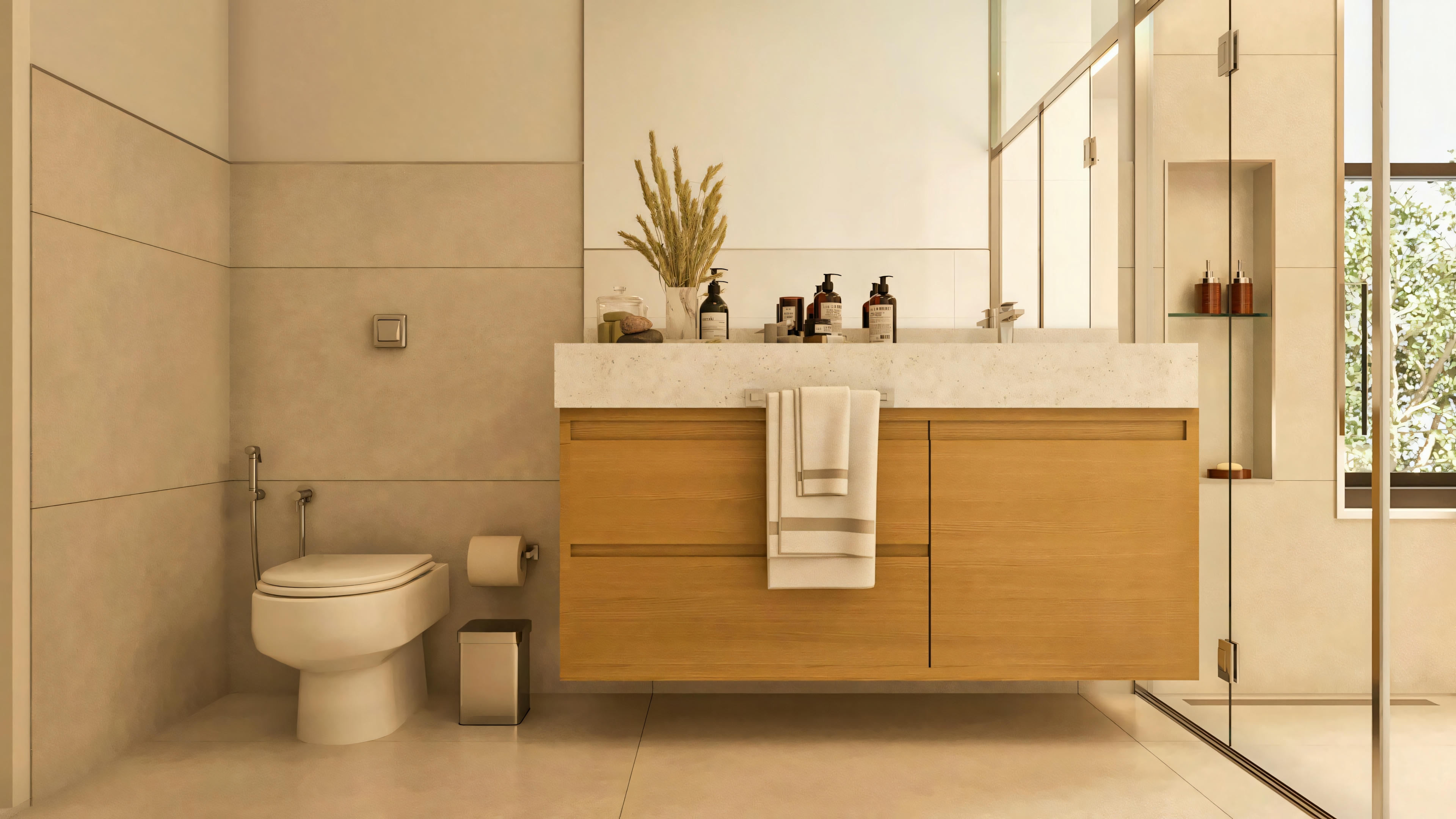 Baño de una de las suites del proyecto de casa de dos pisos de 330m² con 3 suites y 5 baños, encimera de piedra clara y mueble suspendido de madera.