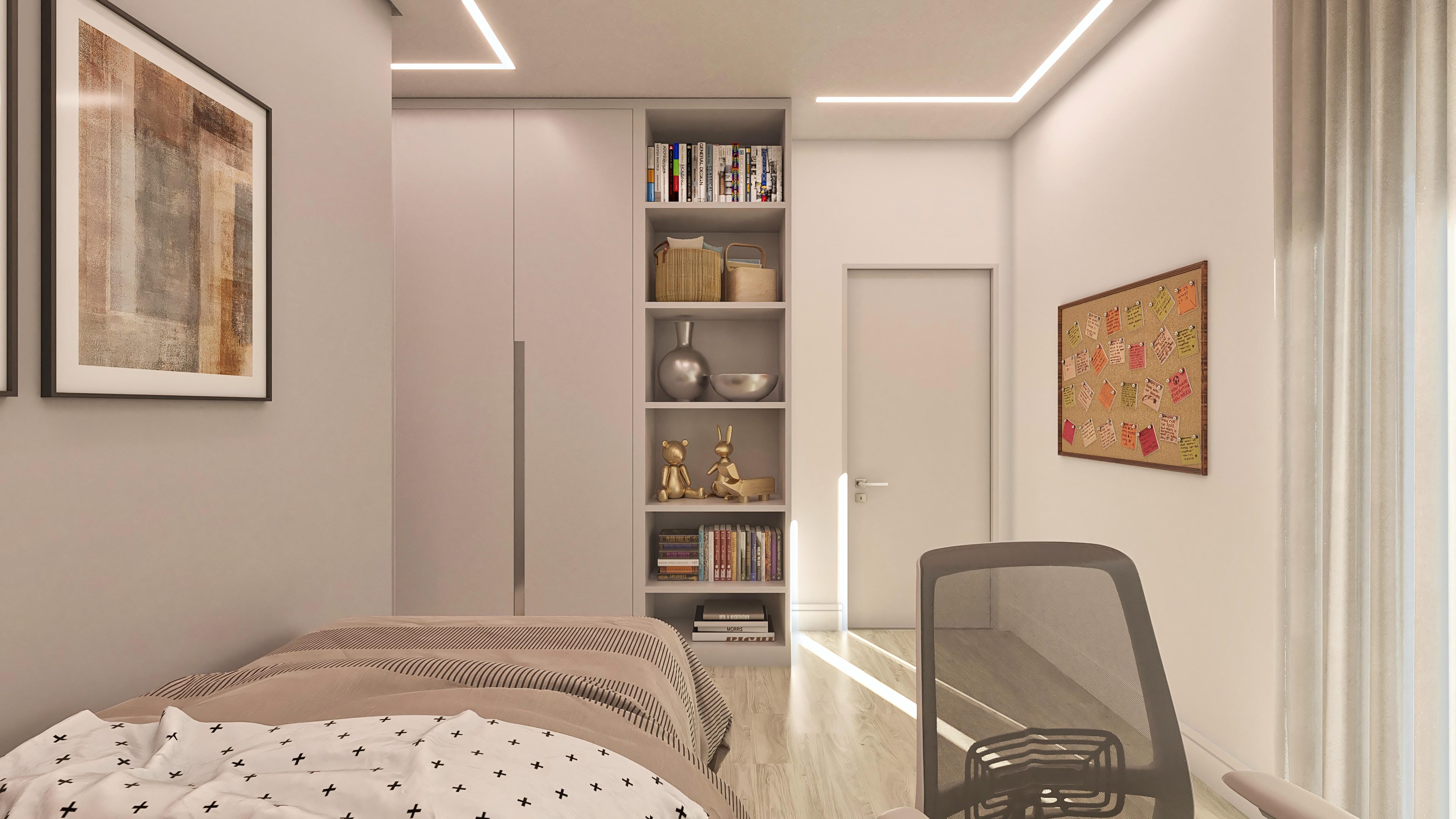 Detalle interior de vivienda con cama acogedora, muebles a medida e iluminación moderna. Ambientes integrados con toque contemporáneo.