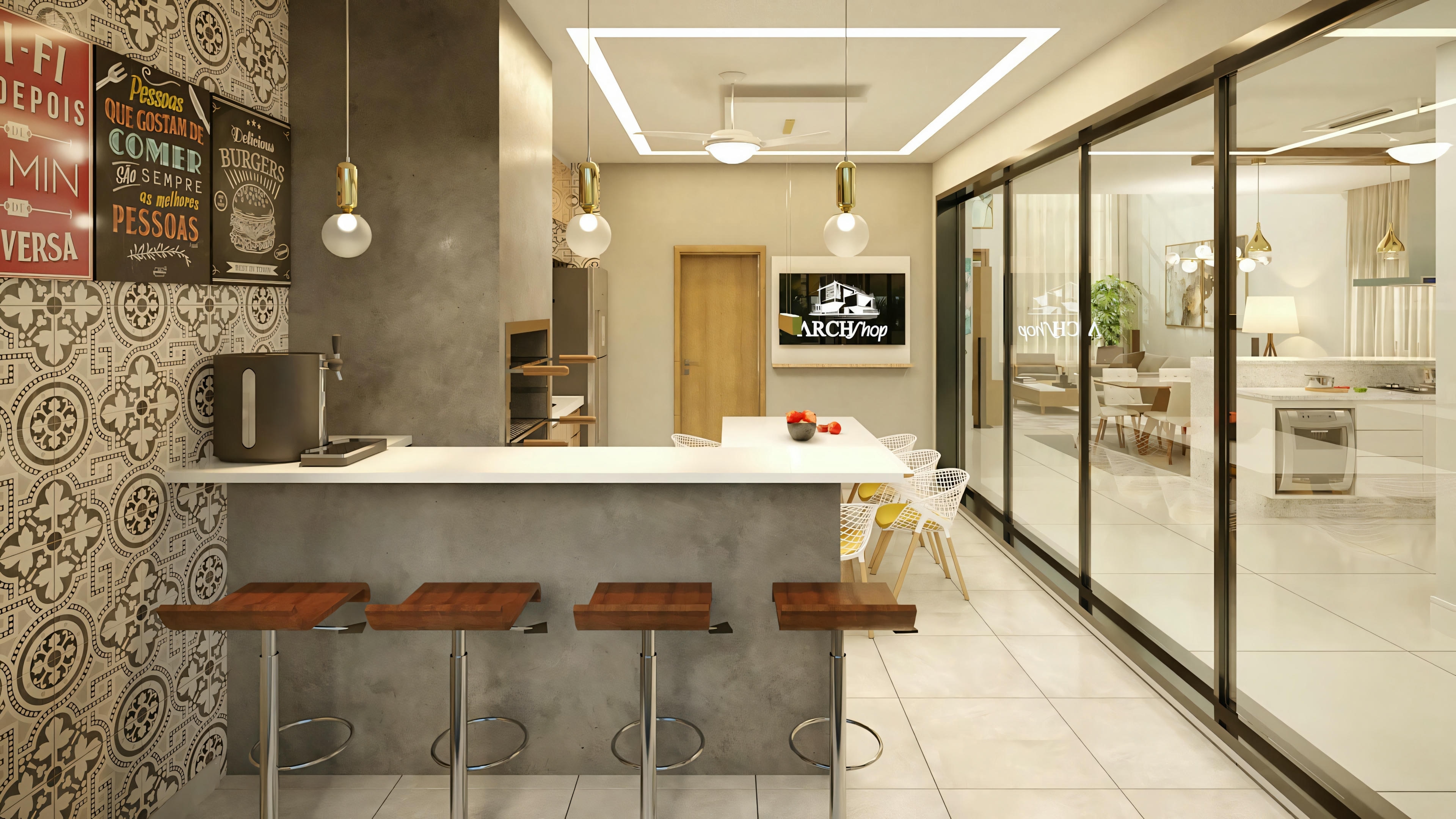 Cocina moderna con zona de barra, luminarias colgantes, armarios blancos y encimeras oscuras.