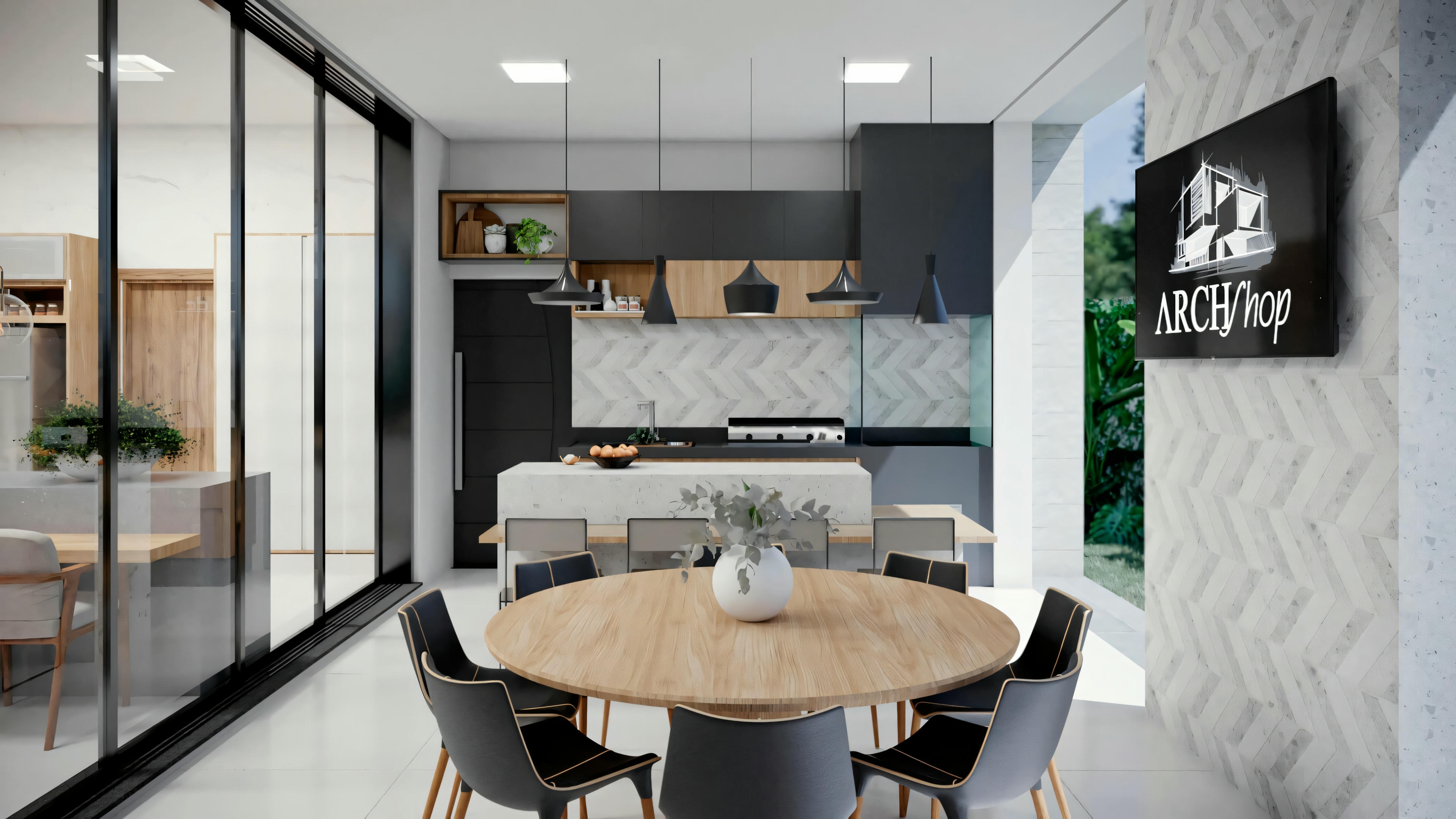 Una cocina moderna con zona de comedor, incluyendo una mesa redonda y sillas, armarios negros, encimeras blancas y un elemento decorativo verde en la pared.