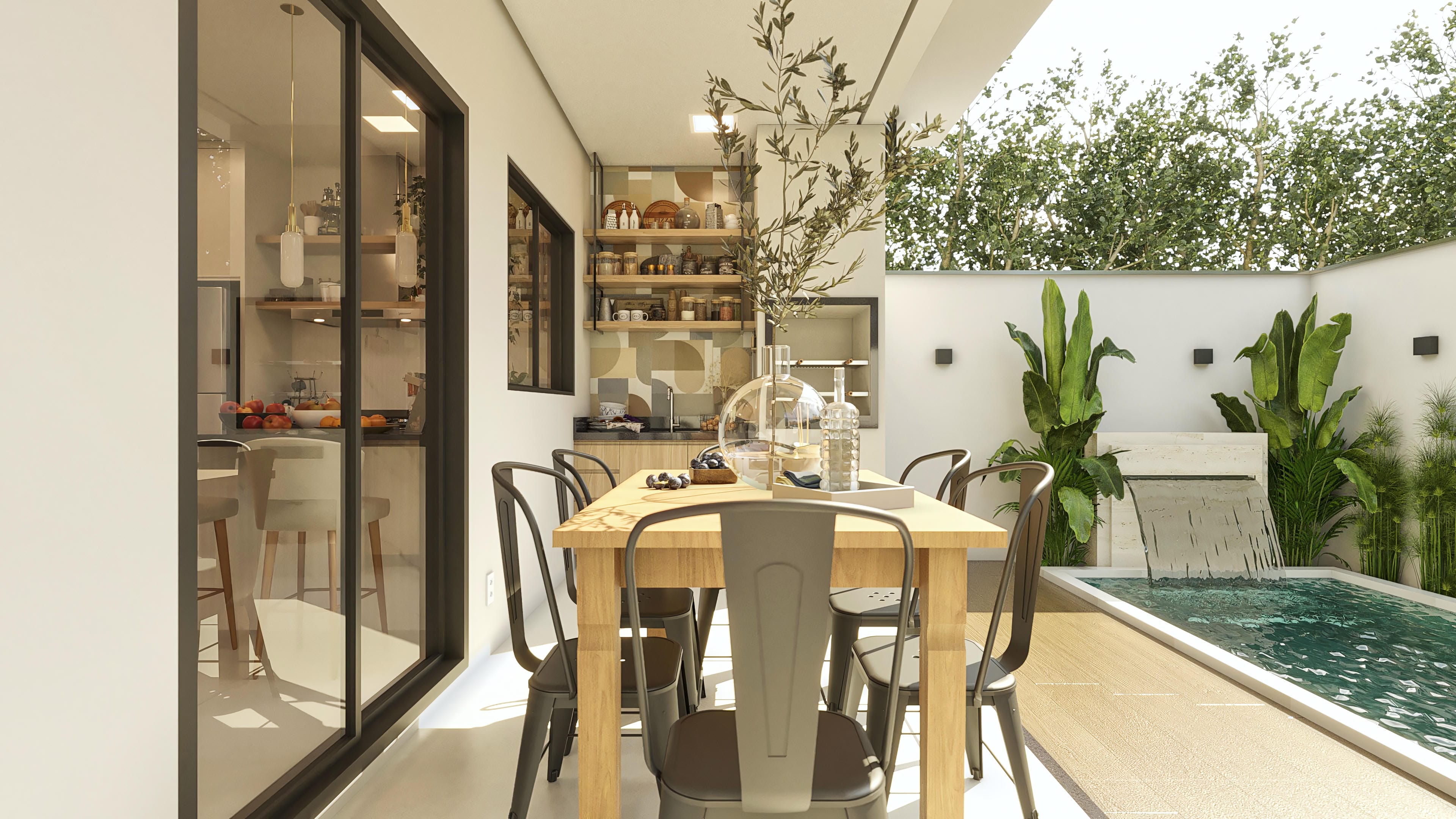 Internal view of a modern gourmet area integrated with a kitchen, with dining table, chairs, and view of a pool with a waterfall. Project for compact plots.
