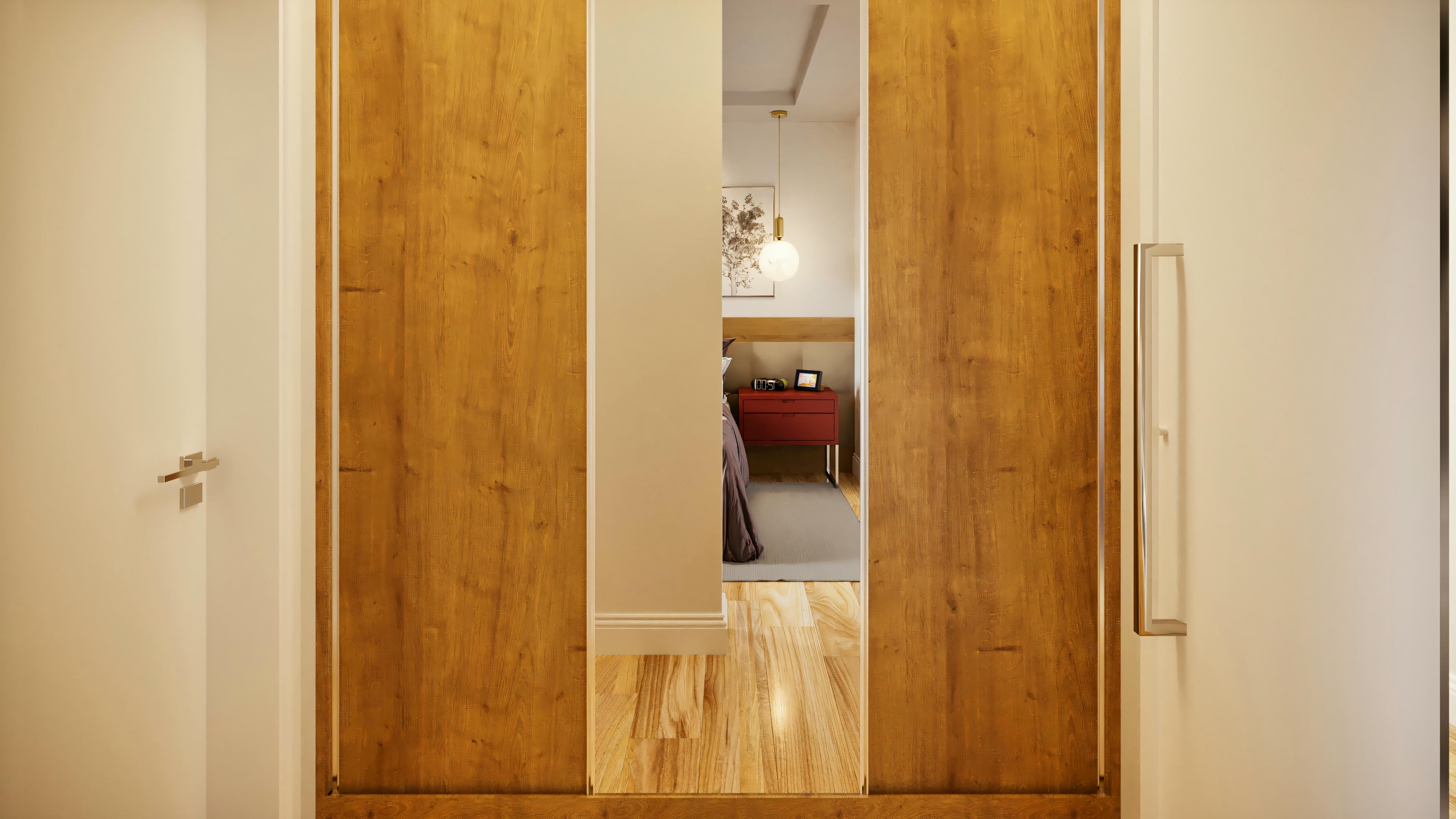 Detalhe de porta de correr em madeira com espelho em uma suíte de casa térrea com 3 suítes, piscina e área gourmet, mostrando o acabamento e design de interiores.