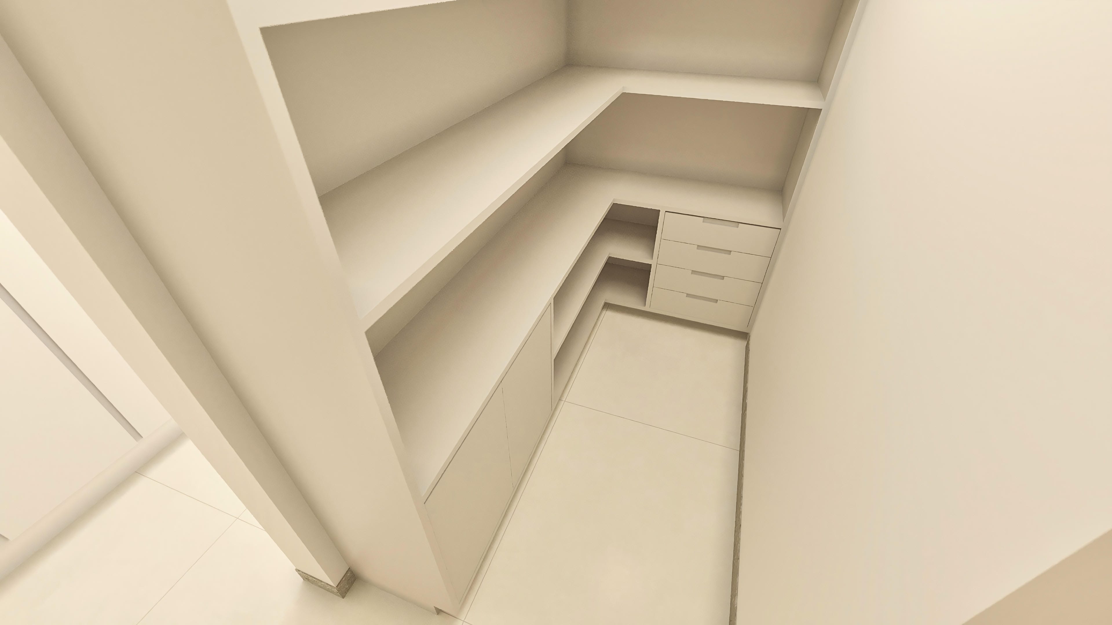 Espacio interior con estantes empotrados y una cajonera moderna, destacando la funcionalidad y el diseño minimalista.