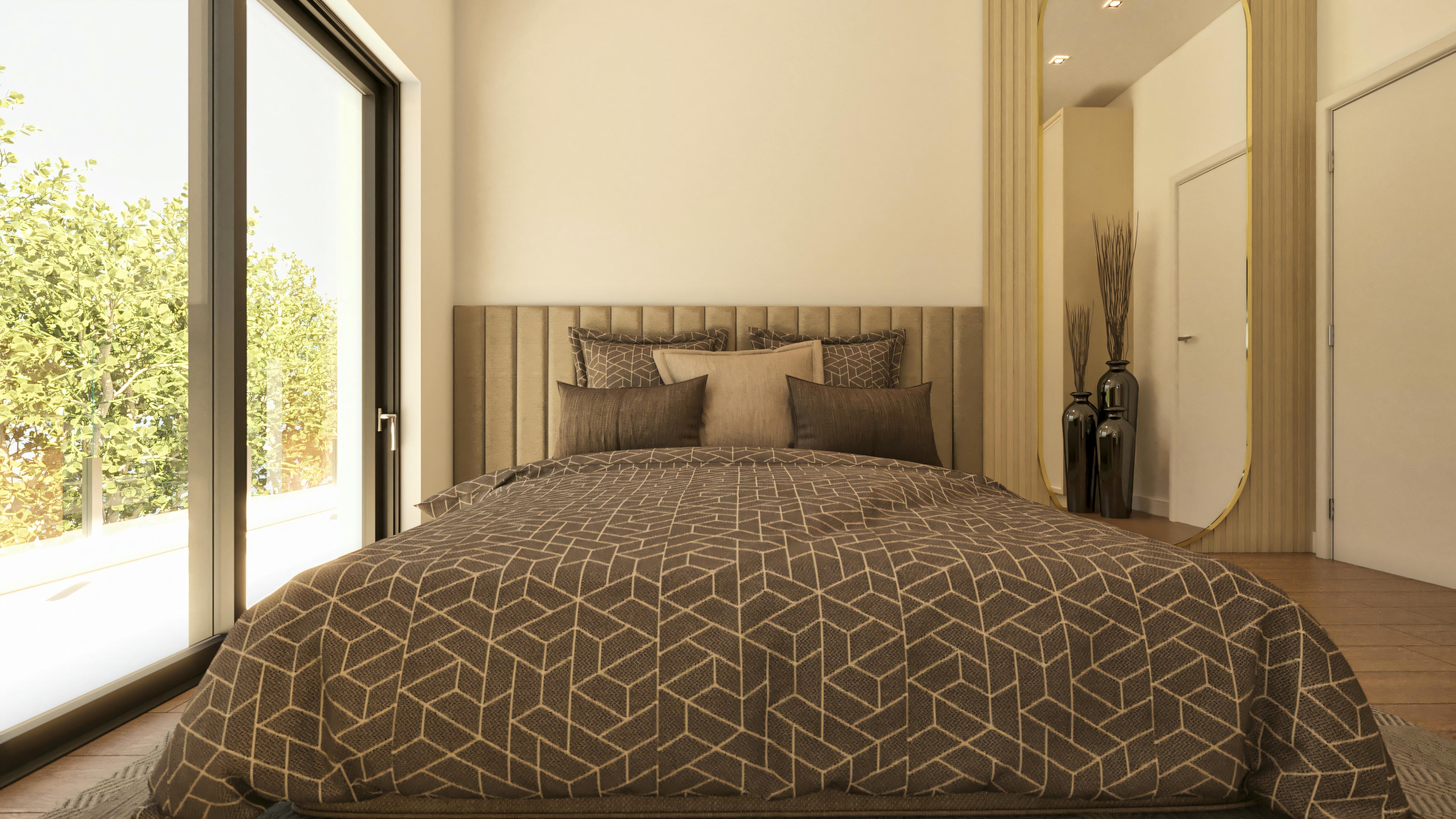 Bed with upholstered headboard.