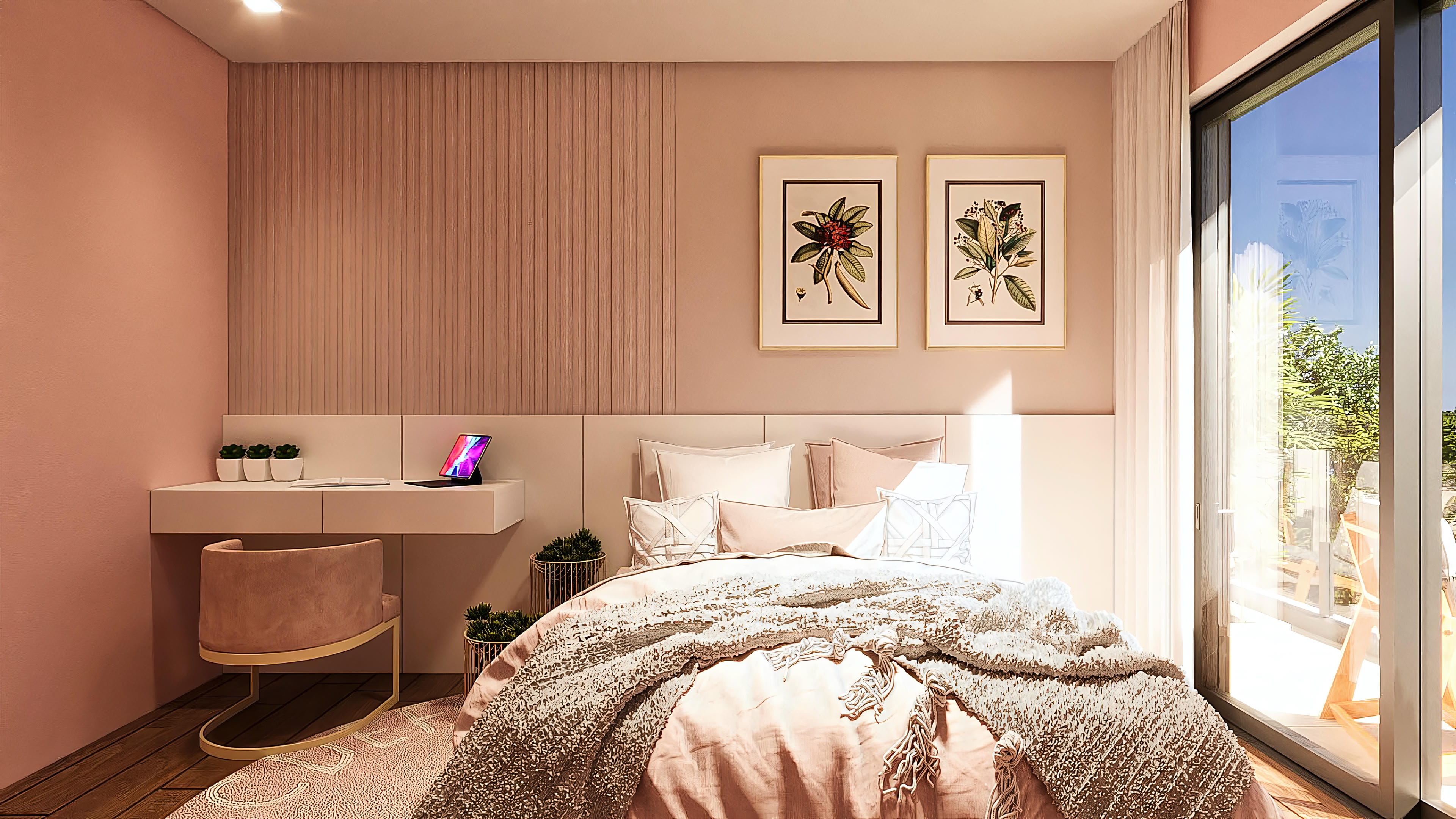 Interior of a sophisticated bedroom in pastel tones, with a comfortable bed, desk, and access to an external balcony with landscaping.