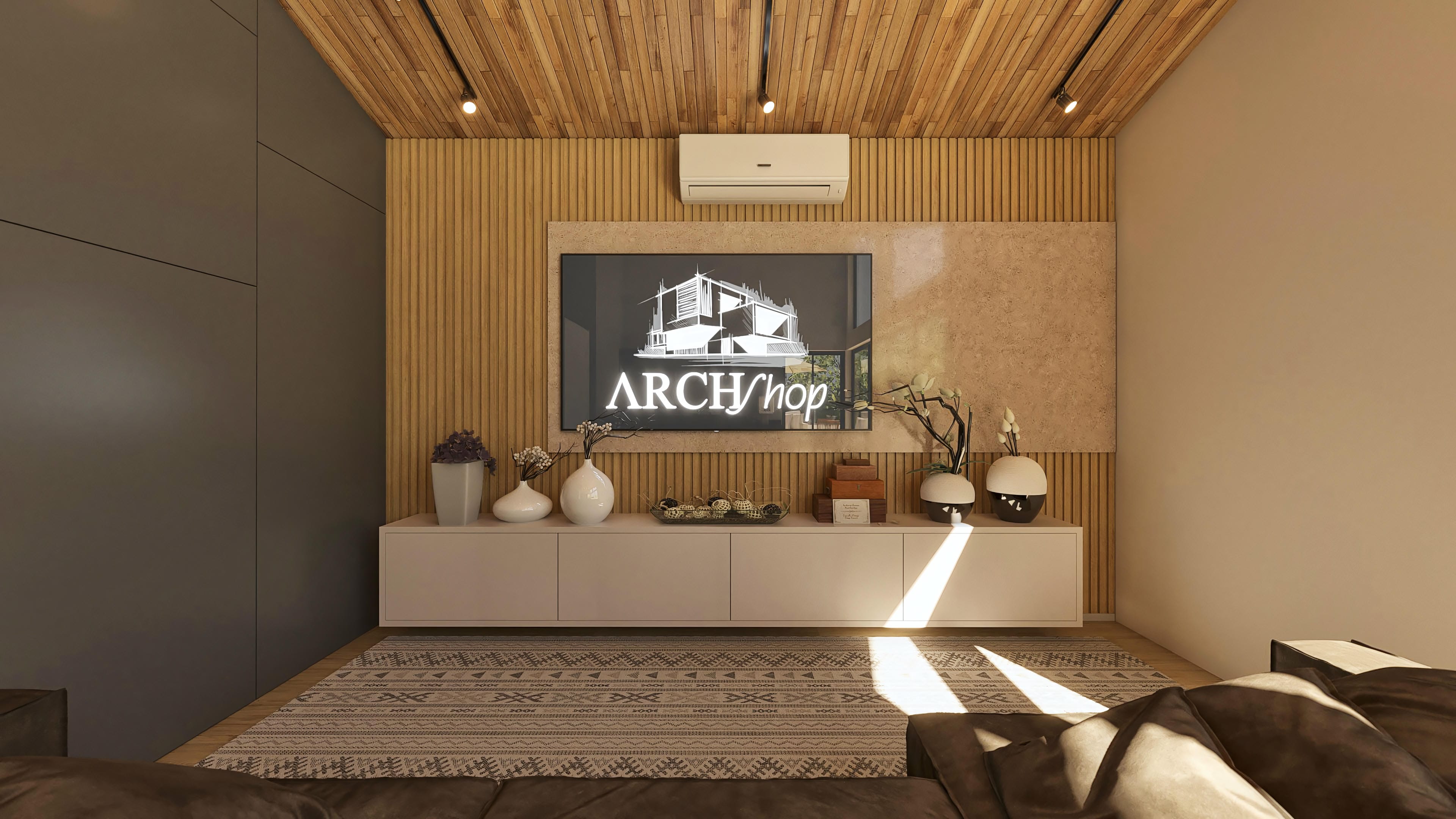 Living room with exposed wood ceiling, textured walls, and clean furniture, integrating modernity and comfort.