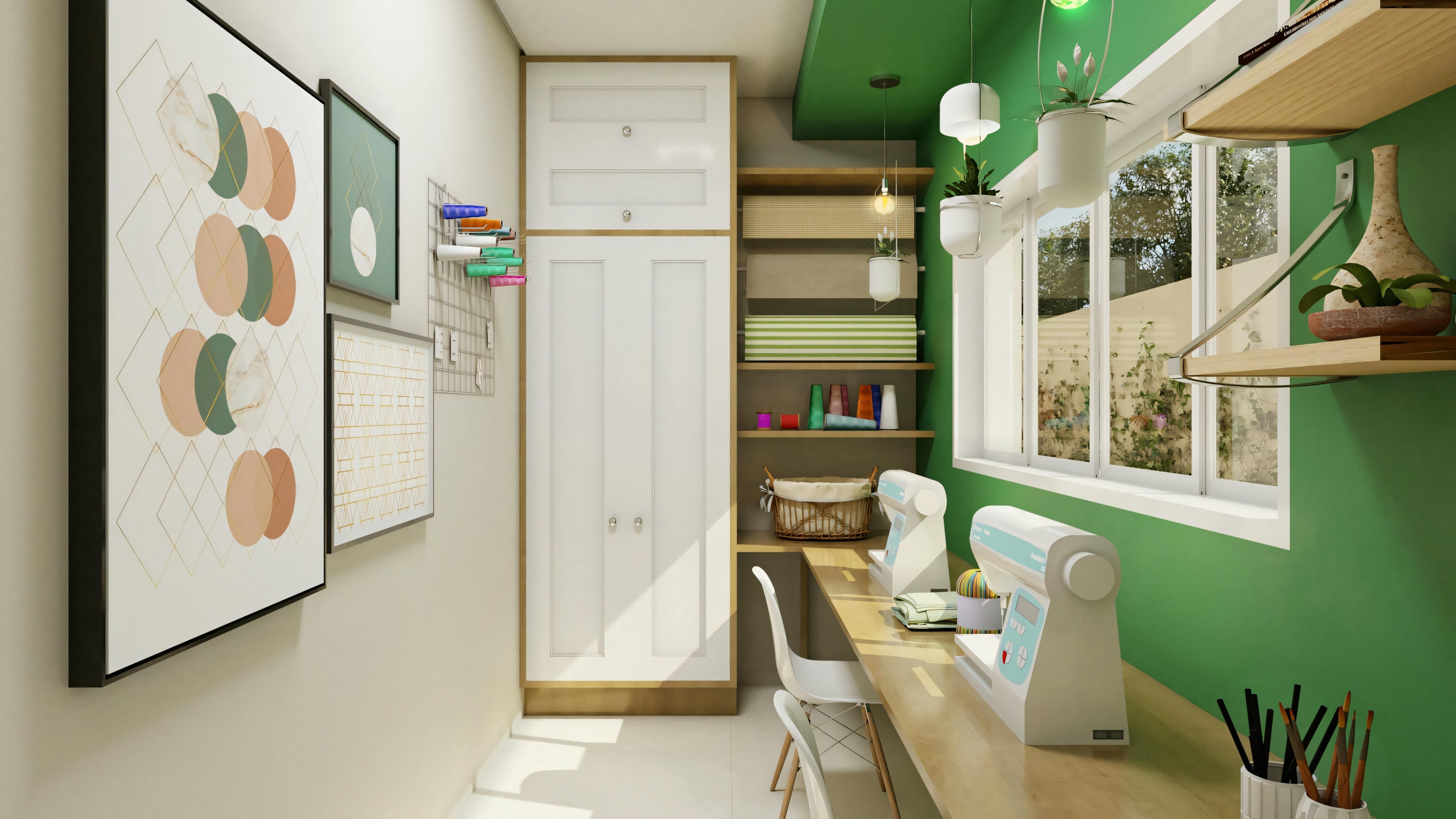 A kitchen with green lower cabinets, open shelves, and a series of framed circular designs on the wall.