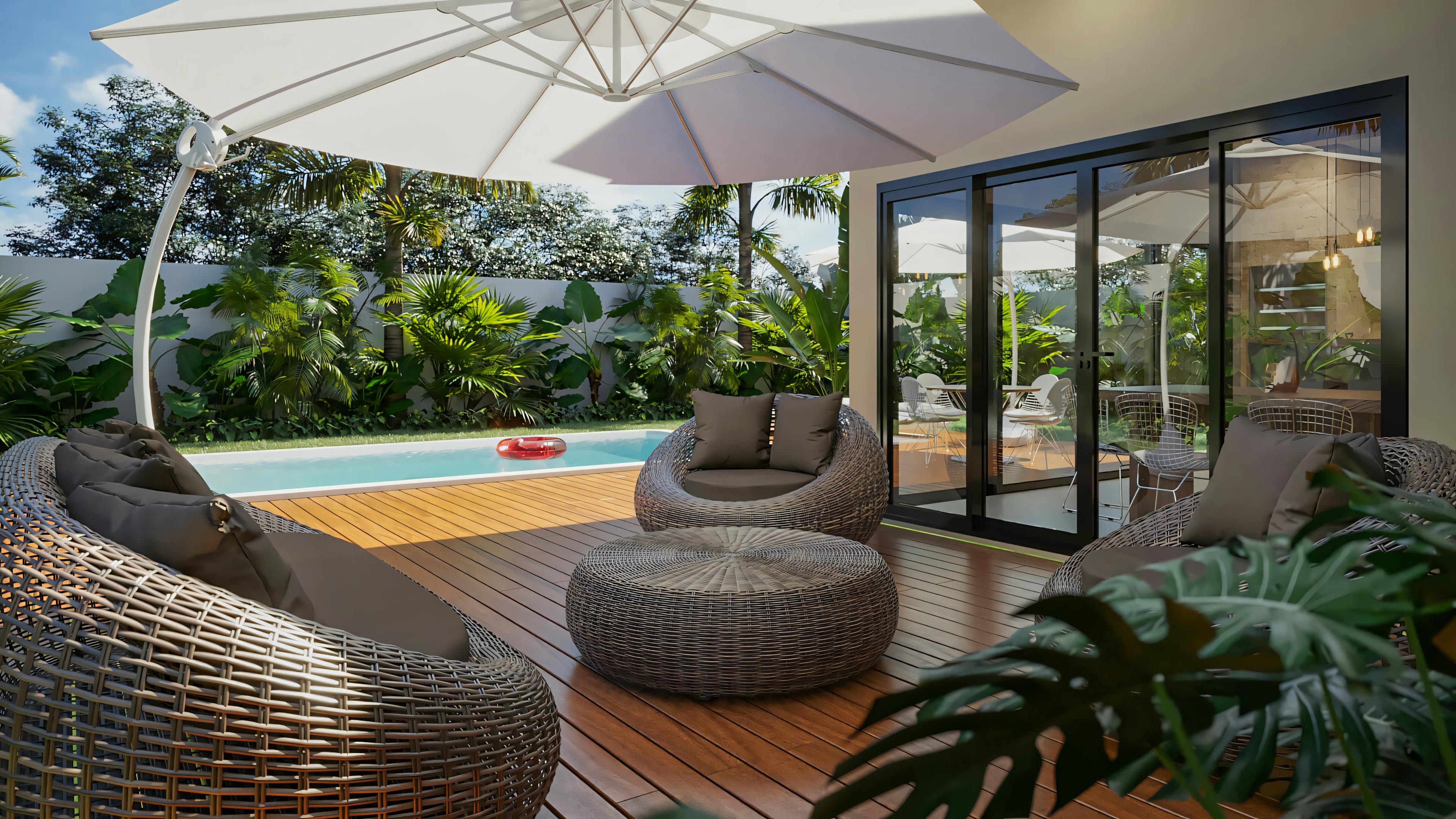 Vista del lounge externo con muebles confortables sobre el deck de madera, en proyecto listo de casa de planta baja con 2 suites y área gourmet integrada.