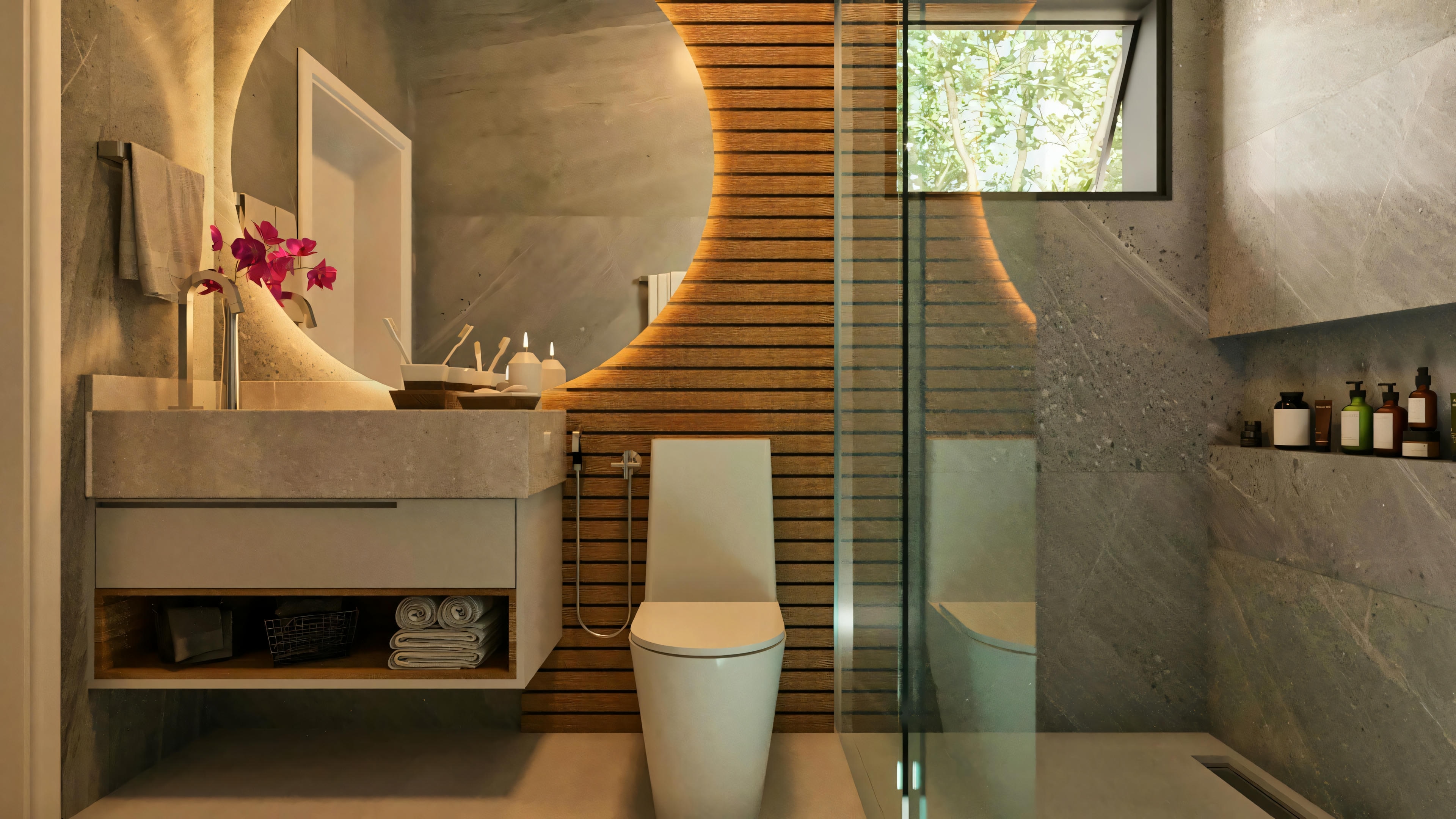 Modern suite bathroom belonging to a 4-suite luxury house project, featuring gray porcelain tile cladding, illuminated slatted wood panel detail, floating stone countertop, organic mirror with indirect lighting, toilet, and shower box with niche.