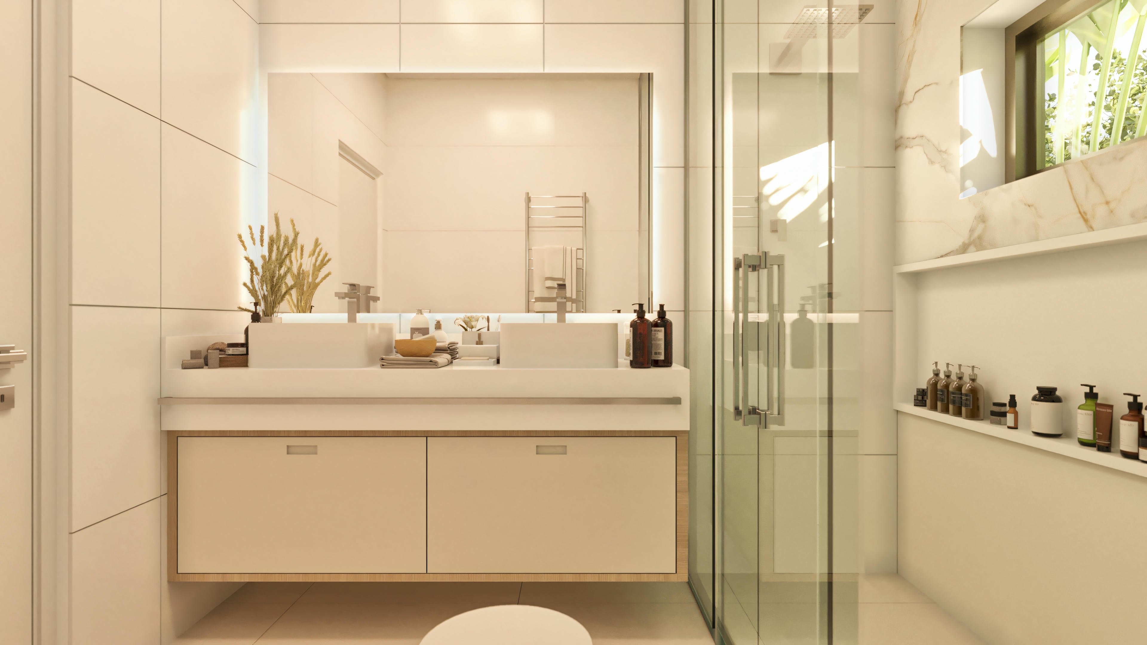 Master bathroom design with mirror.