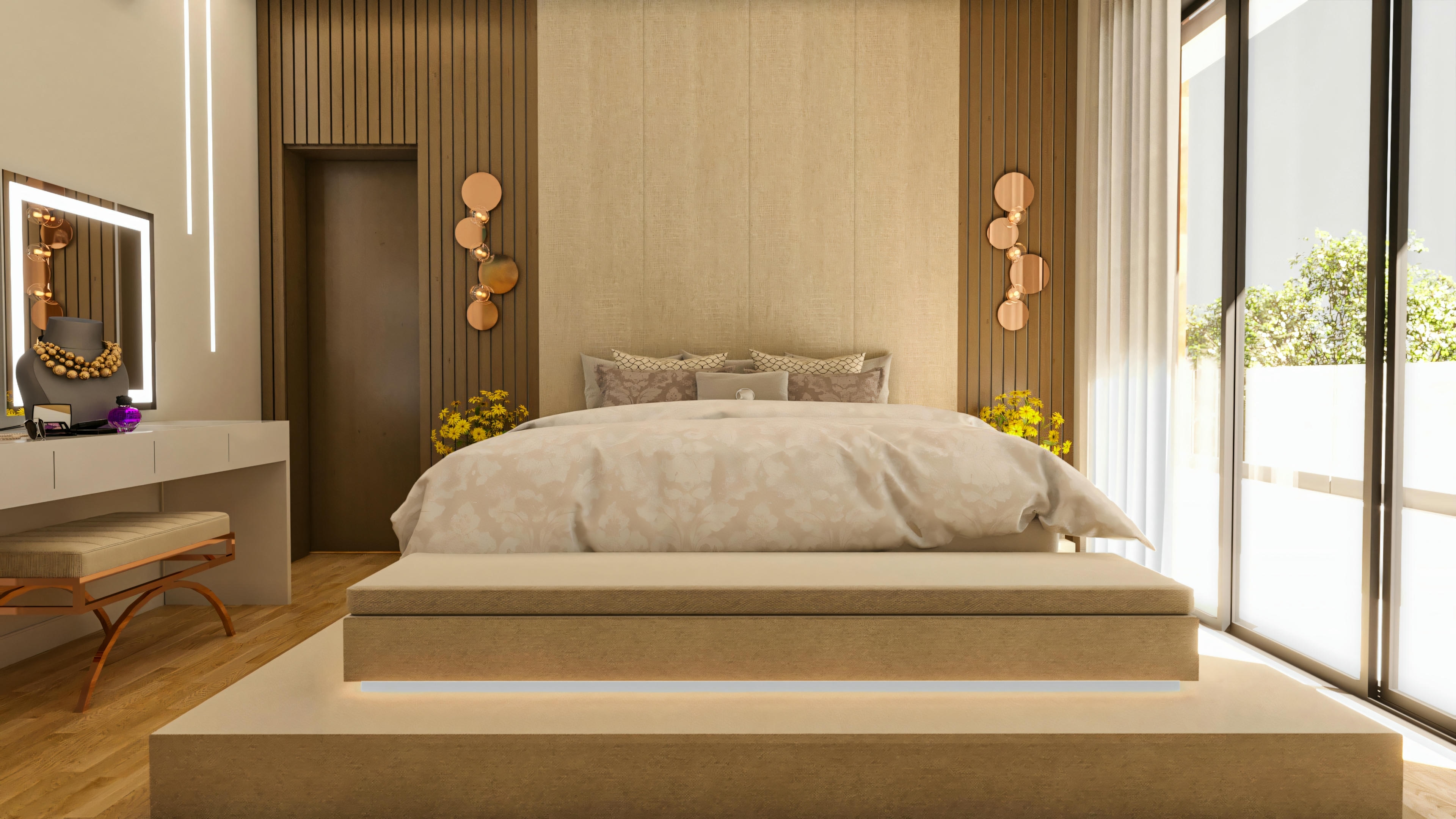 Image of the master suite bedroom in a modern house project on a 20x25 lot, with 394.84sqm of built area, 4 suites, pool, and gourmet area. This model house highlights the sophisticated interior design of the bedroom, with a double bed, wood panel, built-in lighting, and balcony access.