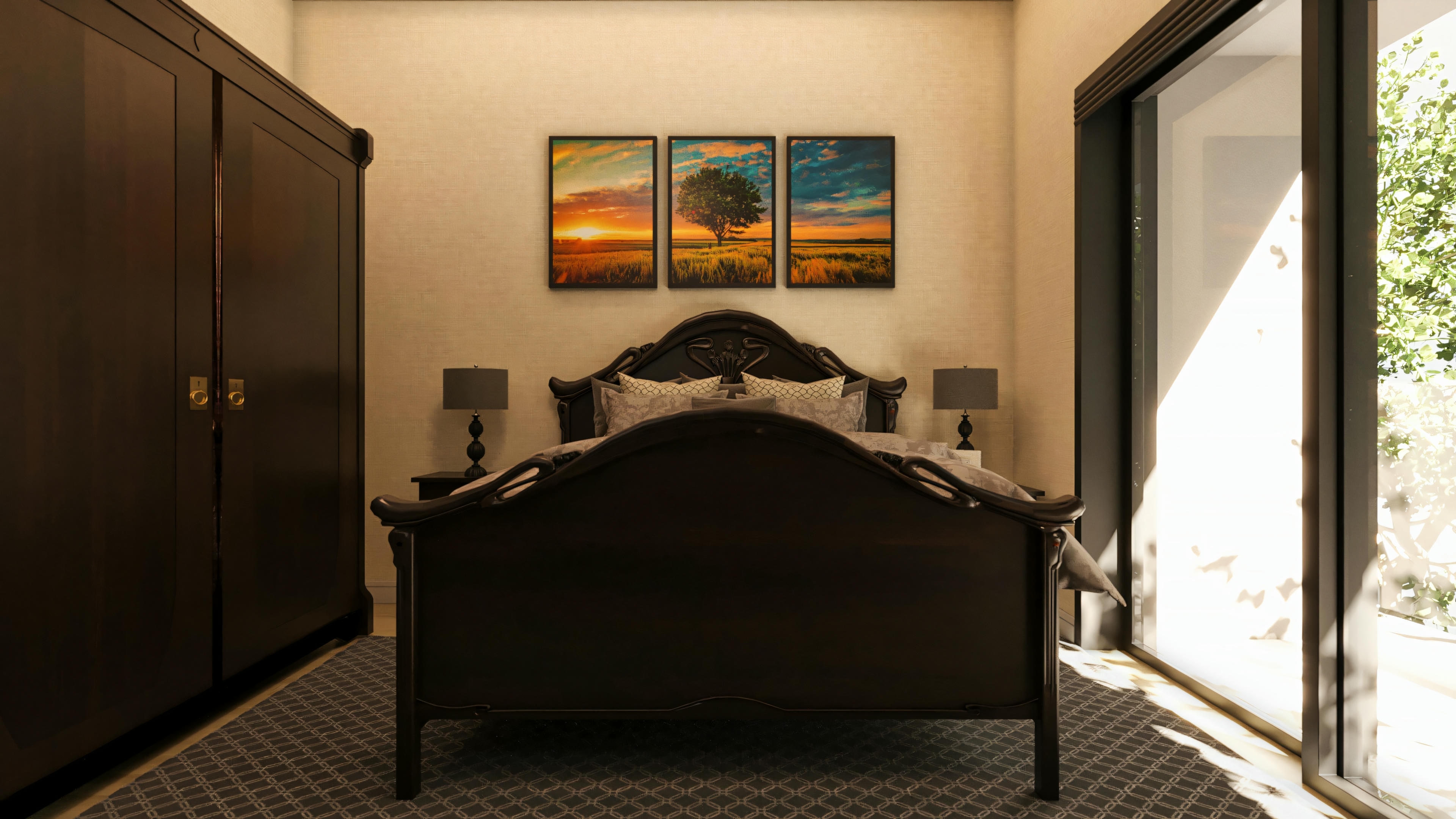 Master bedroom, one of 5 suites in the high-standard house, with dark wood furniture, planned wardrobe, rug, and glass door to outdoor area with natural light.