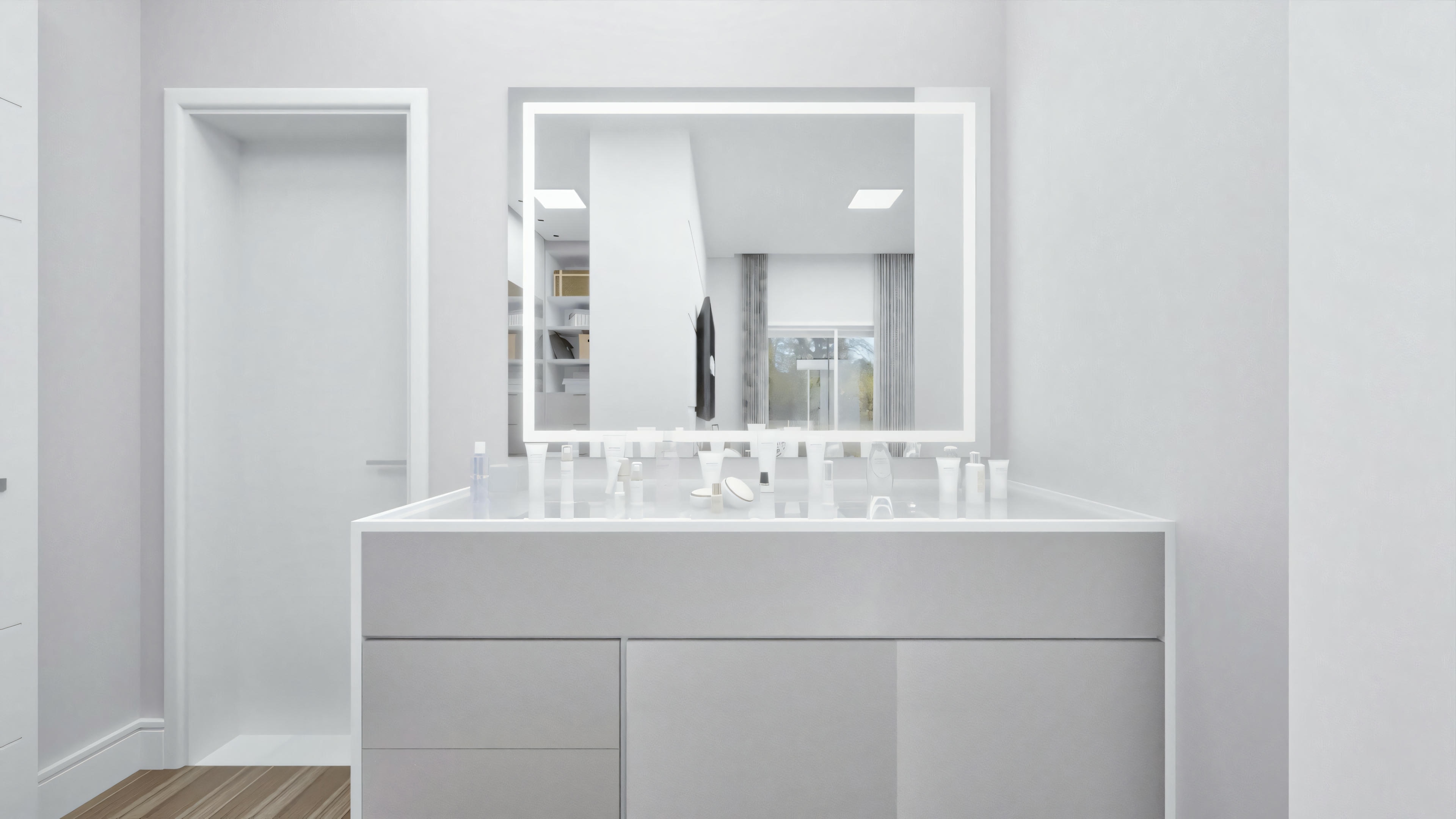 Modern bathroom vanity with a mirror above, against a white wall. The vanity appears to have drawers for storage, and there is a visible reflection in the mirror.