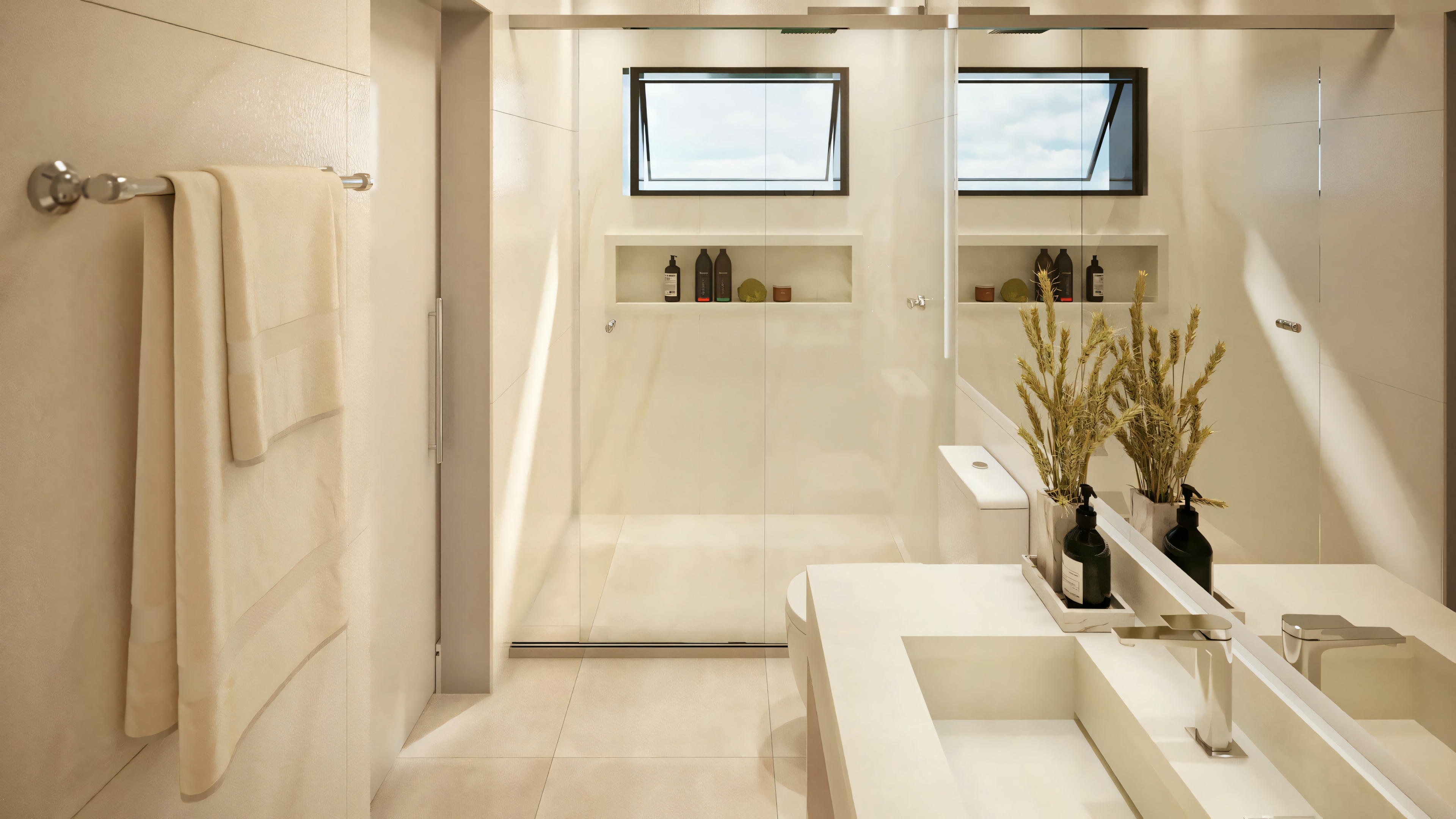 Modern bathroom with a white vanity, large mirror, and windows allowing natural light.