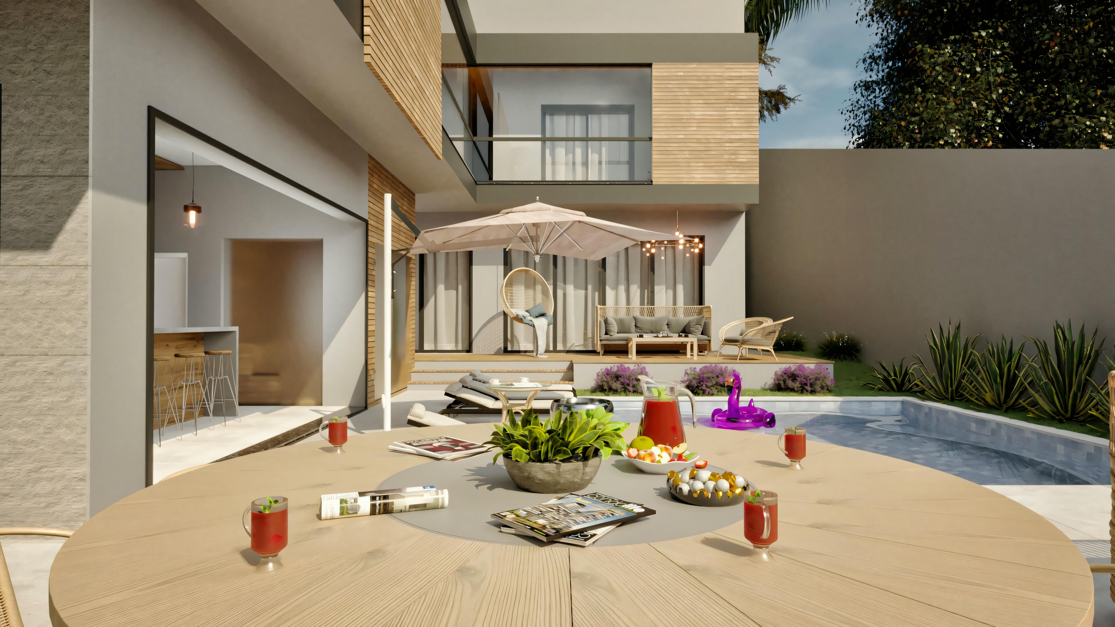 Outdoor dining area connected to the pool and raised deck with seating area, part of the leisure area of a modern 4-suite, 316.98m² ground floor house.
