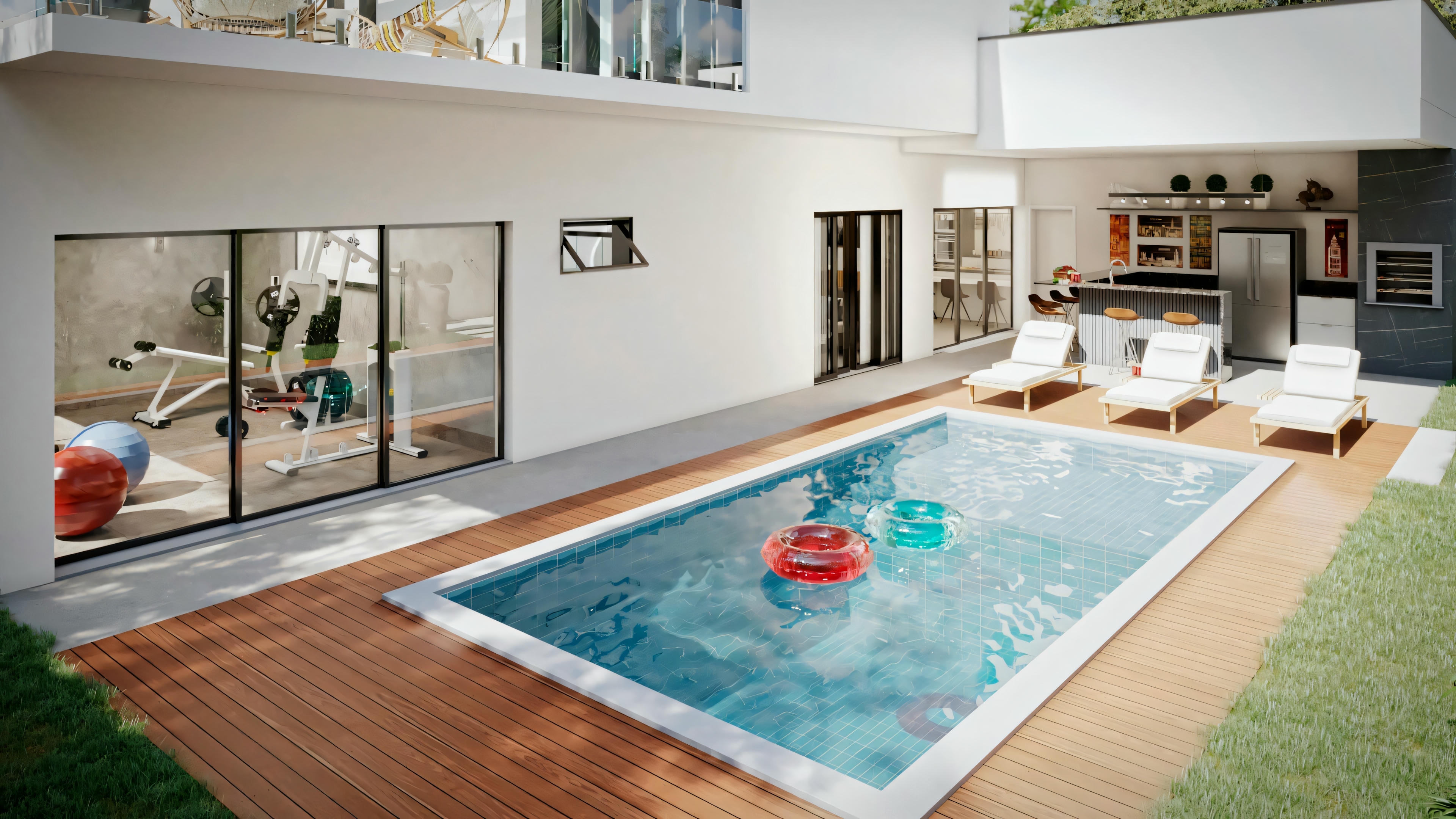 Um pátio moderno com piscina retangular de água azul clara, cercada por piso branco e mobiliada com sofá e cadeiras ao ar livre.