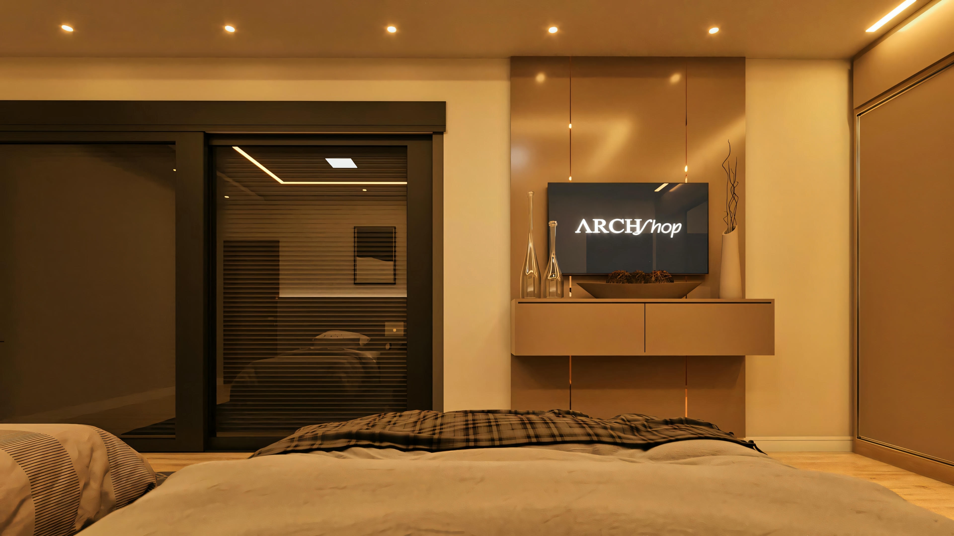 Vista del dormitorio suite en proyecto de casa moderna, exhibiendo panel de TV con acabado en laca bronce o similar, nicho con cajones y puerta corrediza de vidrio (puerta-balcón) al lado. Iluminación por spots en el cielorraso. Parte de las 4 suites del proyecto con oficina, piscina y área gourmet.