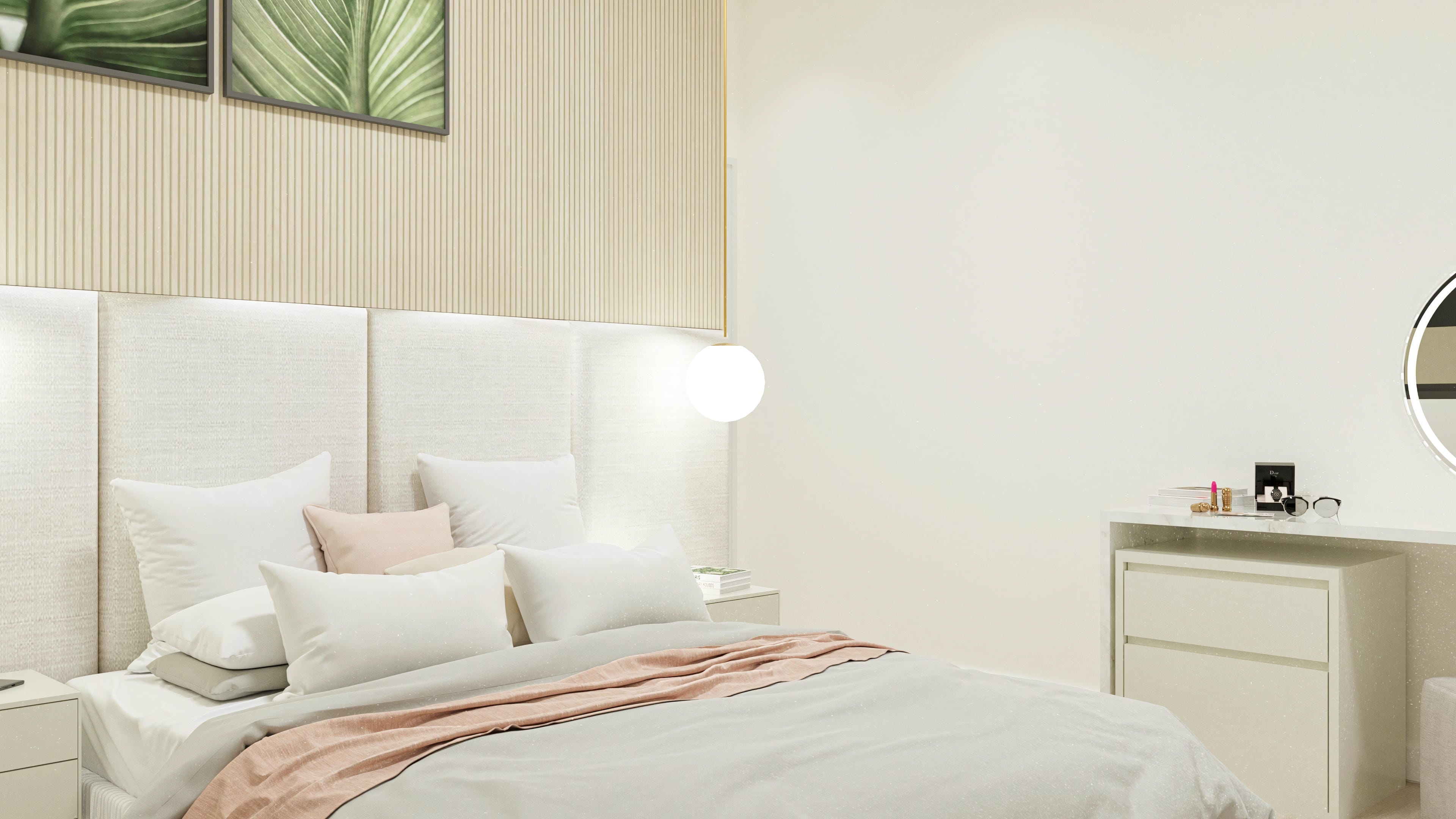 Interior de dormitorio moderno con cama king-size, cabecero tapizado, mesita de noche minimalista y espejo con iluminación LED.